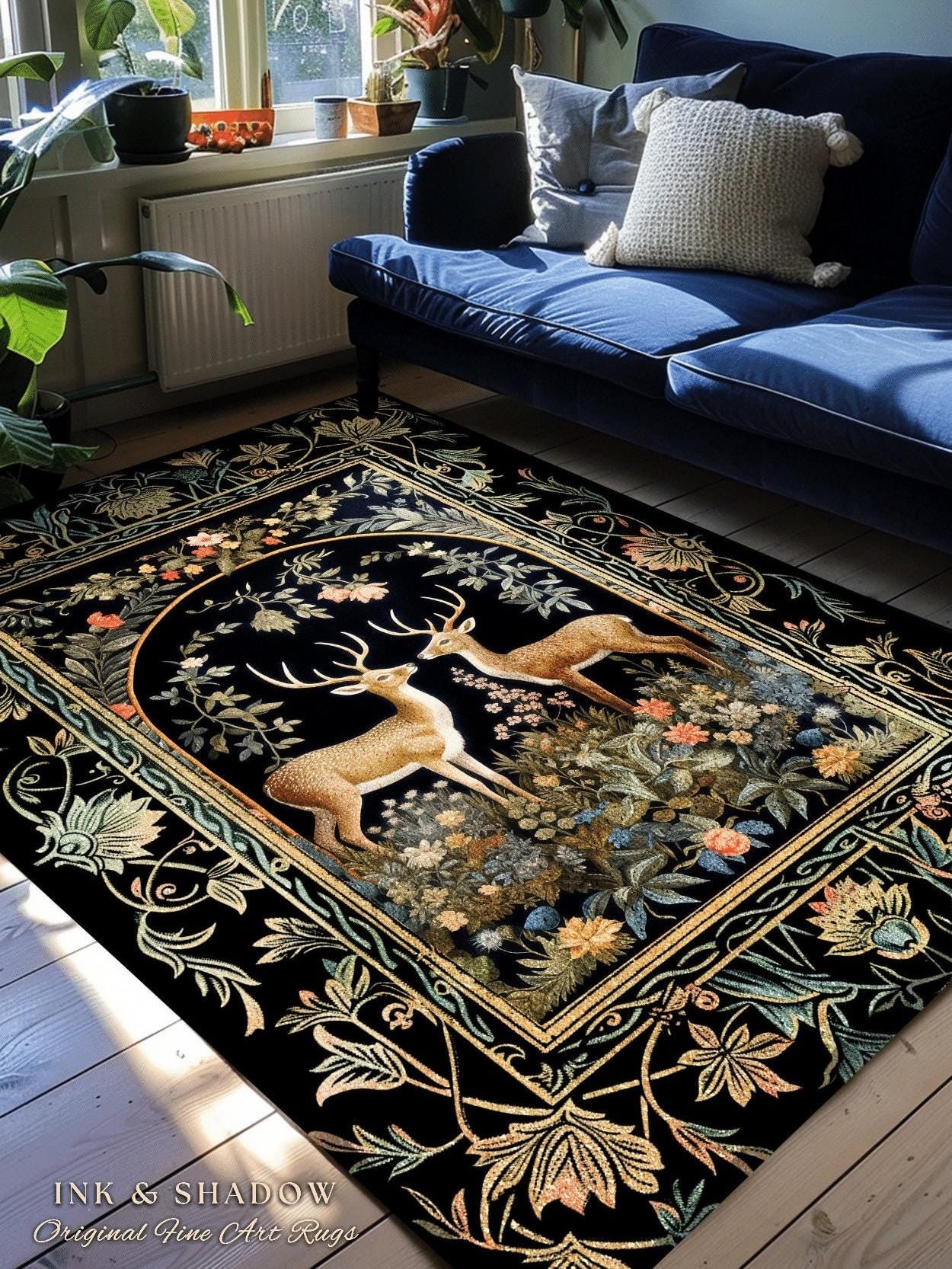 Mystical Deer Lovers Round Rug Vintage Floral Cottagecore Aesthetic Fairycore Decor | Magical Nature Inspired Woodland Forest Deer Art Rug