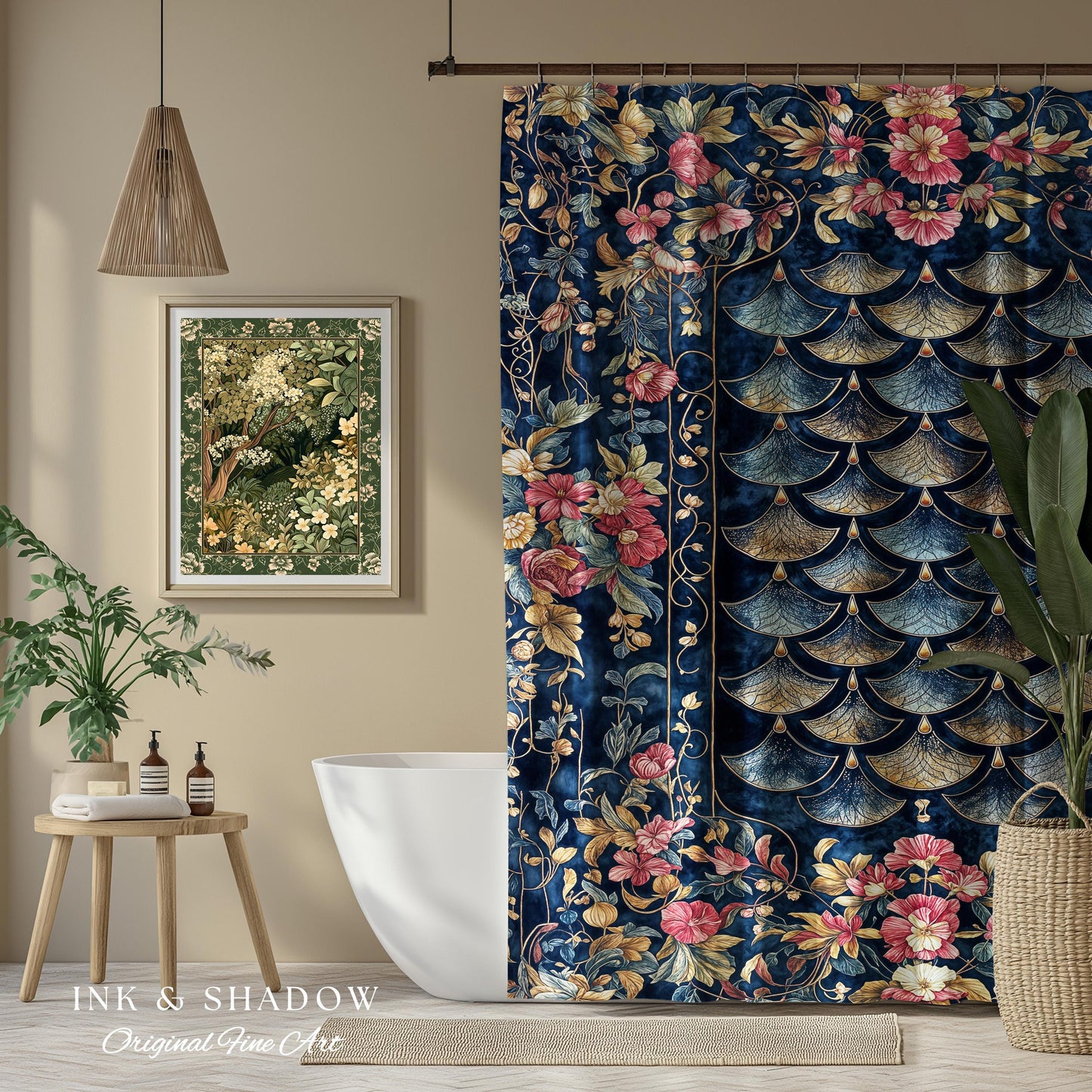 Ethereal Magic Floral Folklore Shower Curtain | Storybook Fairytale Dragon Scale Medieval Wildflower Bathroom Accent Decorative Princesscore
