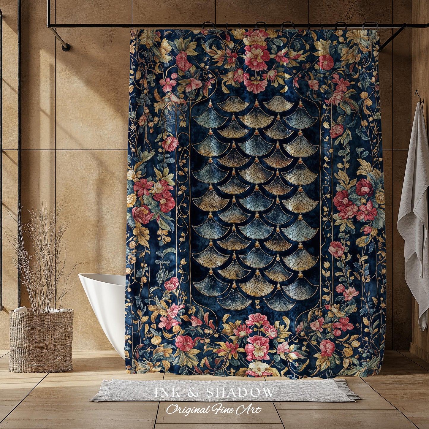 Ethereal Magic Floral Folklore Shower Curtain | Storybook Fairytale Dragon Scale Medieval Wildflower Bathroom Accent Decorative Princesscore
