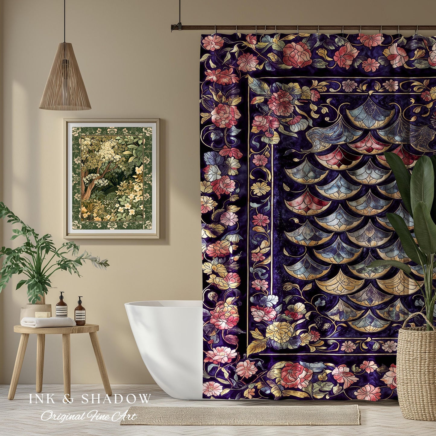Princesscore Royal Ornate Shower Curtain | Whimsical Floral Fairytale Bathroom Dark Storybook Fairytale Dragon Scale Medieval Folklore Art