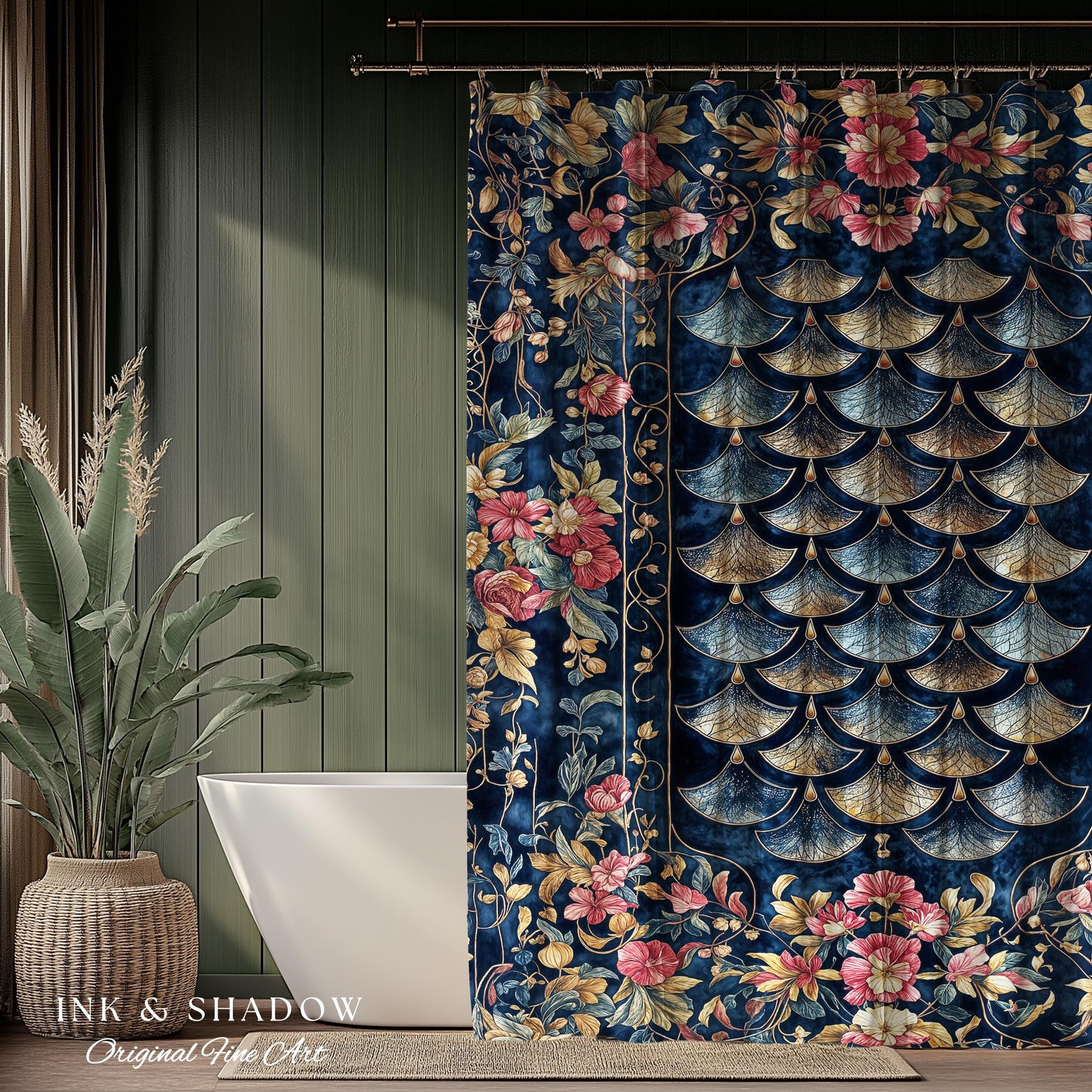 Ethereal Magic Floral Folklore Shower Curtain | Storybook Fairytale Dragon Scale Medieval Wildflower Bathroom Accent Decorative Princesscore