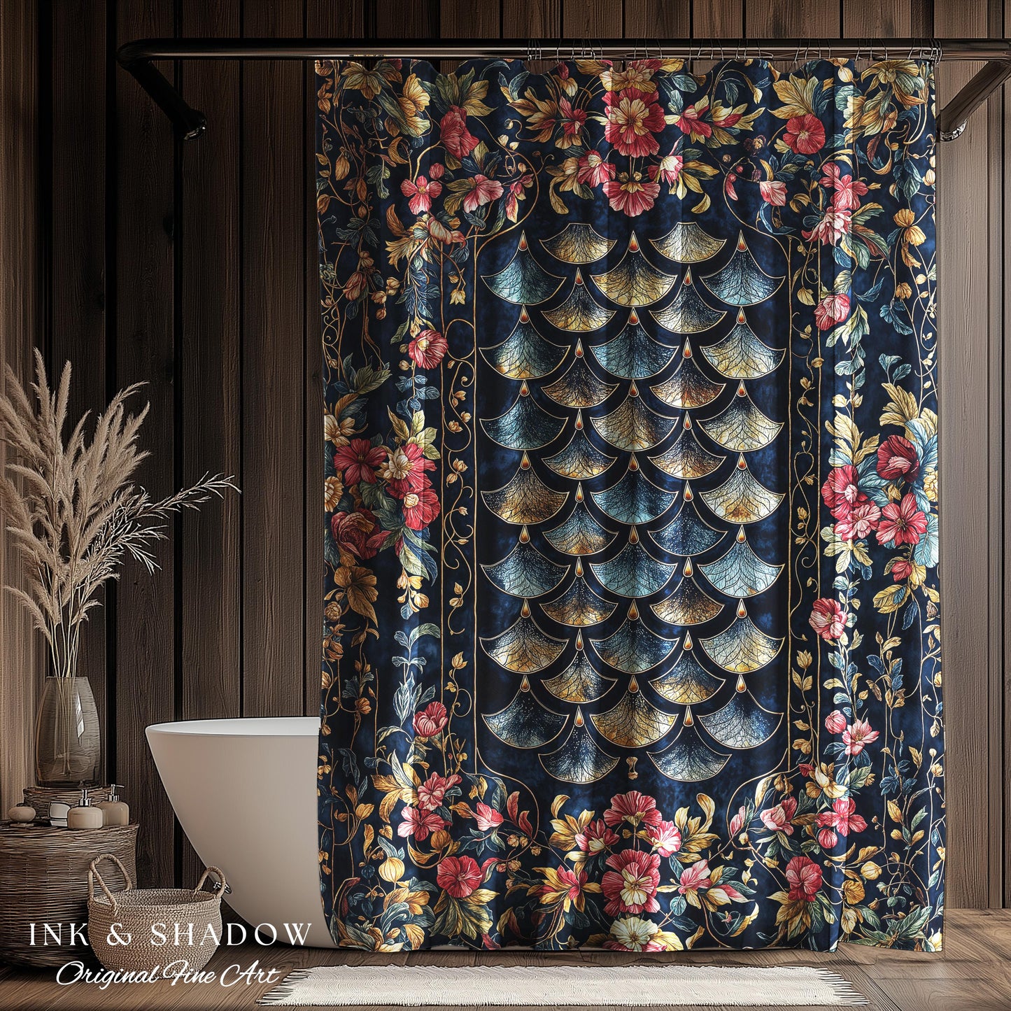 Ethereal Magic Floral Folklore Shower Curtain | Storybook Fairytale Dragon Scale Medieval Wildflower Bathroom Accent Decorative Princesscore