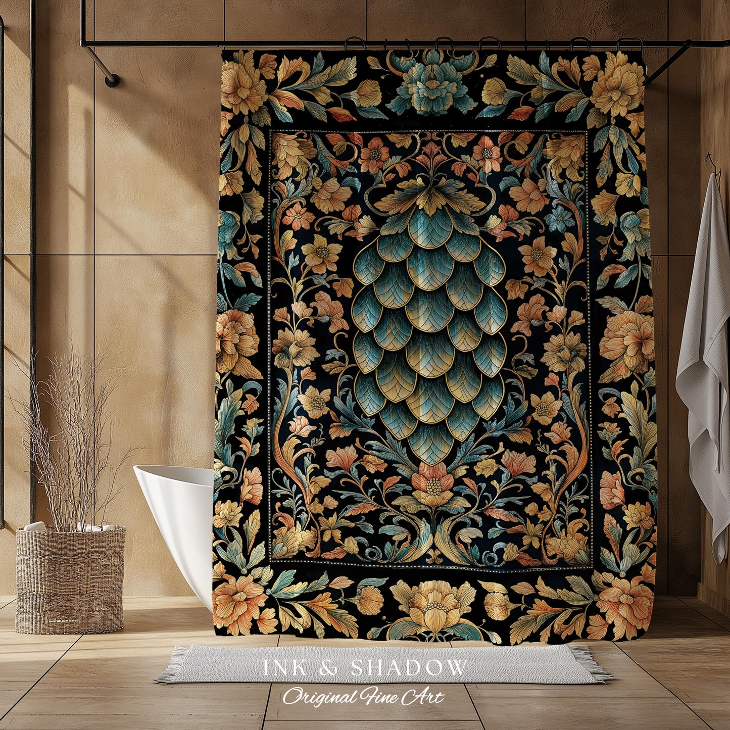 Elegant Botanical Mystic Bathroom Accent | Whimsical Ornate Dragon Scale Shower Curtain Fairytale Medieval Decorative Fairycore Fantasy |