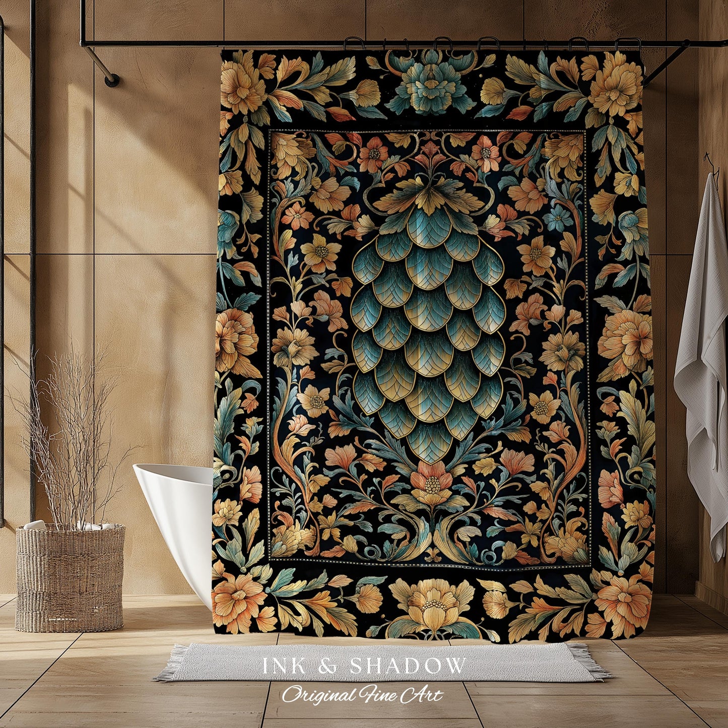 Elegant Botanical Mystic Bathroom Accent | Whimsical Ornate Dragon Scale Shower Curtain Fairytale Medieval Decorative Fairycore Fantasy |