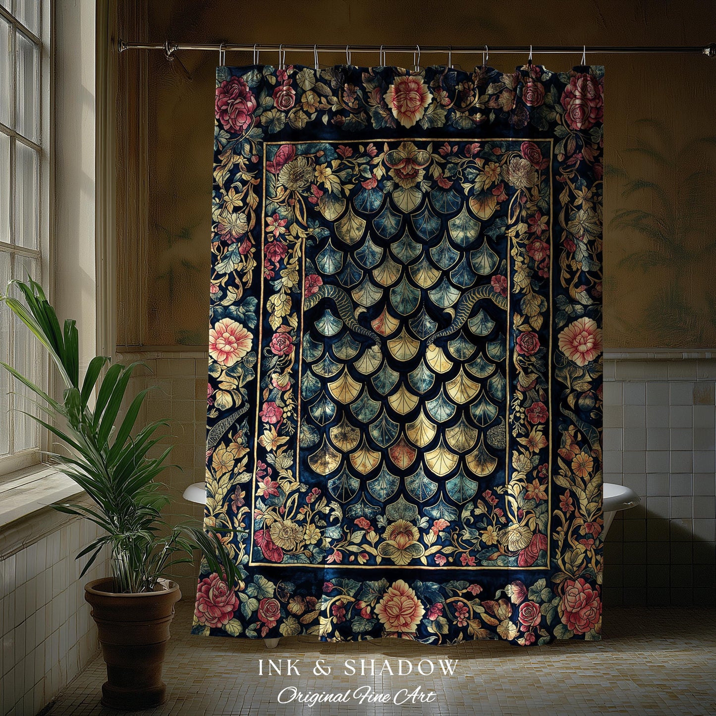 Baroque Elegance Whimsical Dragon Scale Shower Curtain | Moody Botanical Fantasy Themed Nordic Style Dark Academia Ornate Bathroom Medieval