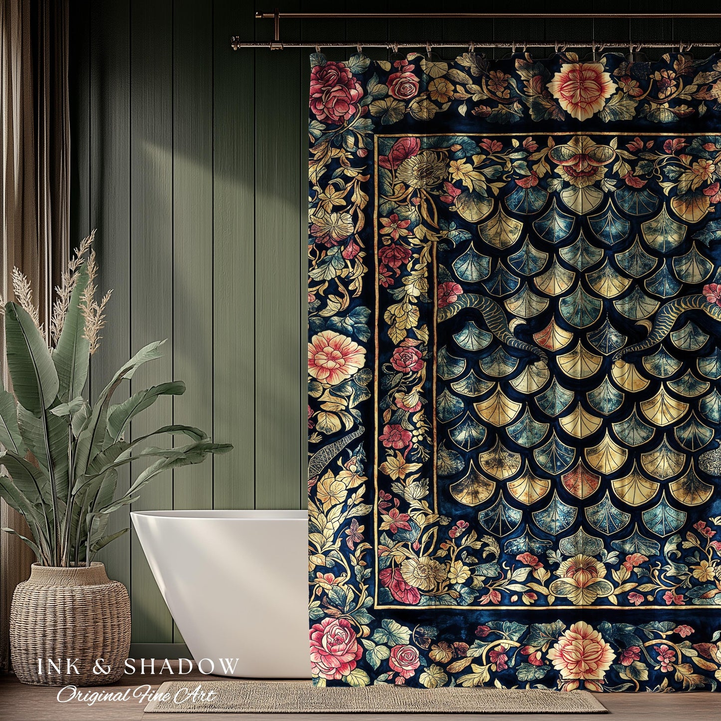Baroque Elegance Whimsical Dragon Scale Shower Curtain | Moody Botanical Fantasy Themed Nordic Style Dark Academia Ornate Bathroom Medieval