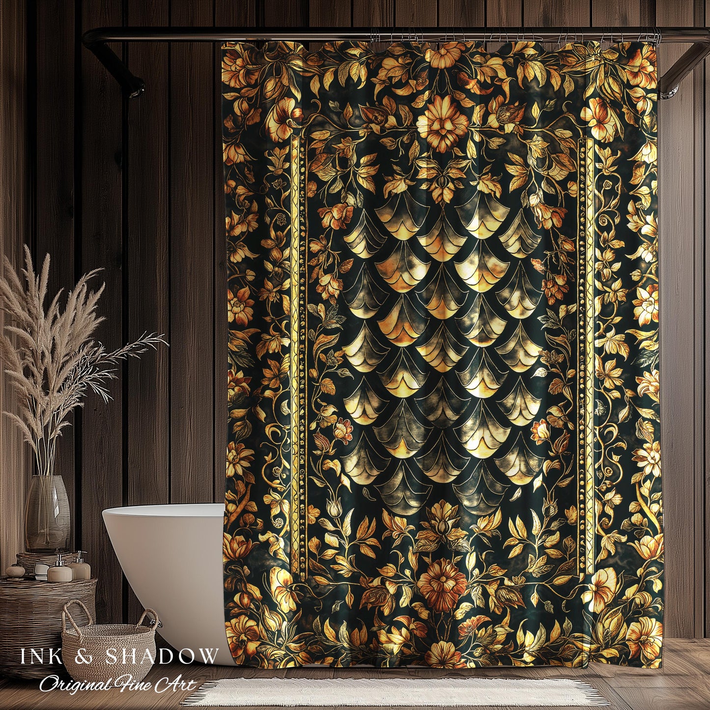 Gothic Dragon Scale Ornate Shower Curtain | Eclectic Dark Academia Bathroom accent Whimsical Moody Botanical Golden Aesthetic Fantasy Style