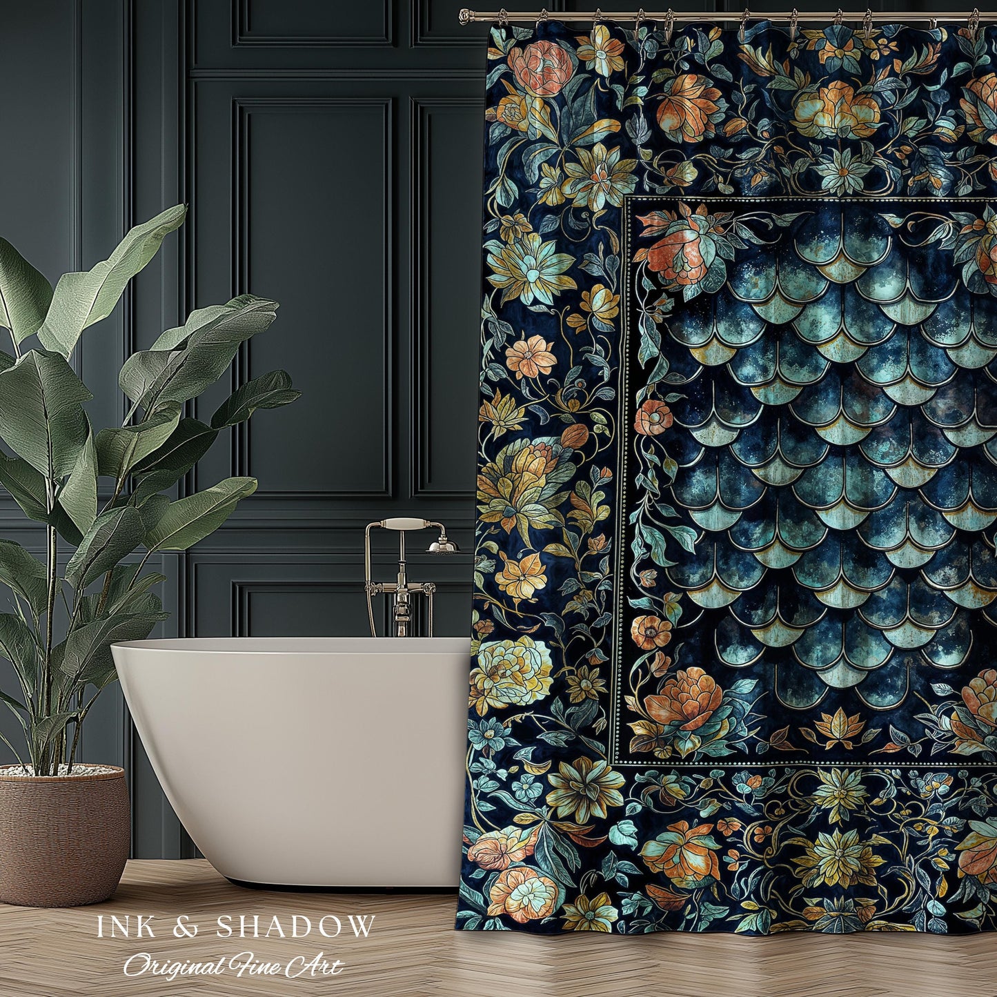 Dreamy Botanicals Dragon Scale Shower Curtain | Dark Academia Aesthetic Fairytale Bathroom Cottagecore Ocean Blue Decor Whimsical Gothic |