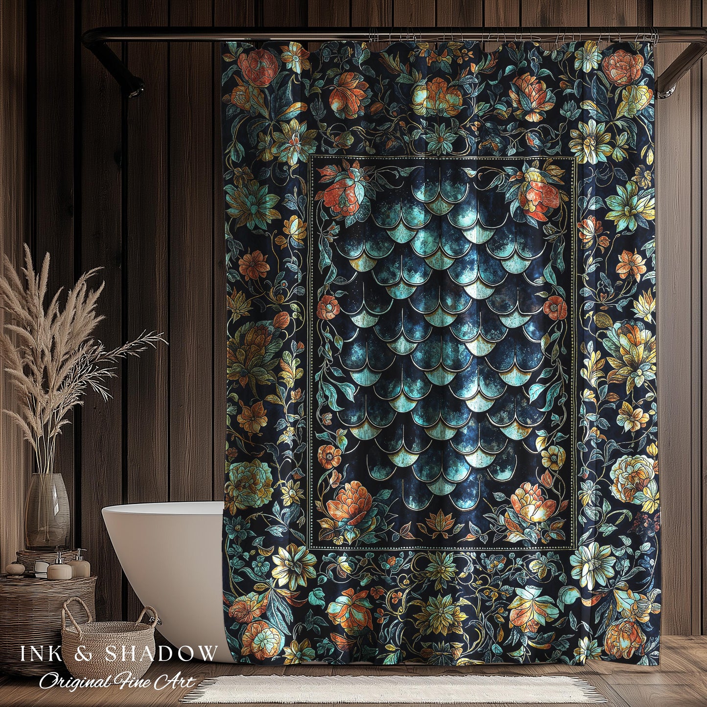 Dreamy Botanicals Dragon Scale Shower Curtain | Dark Academia Aesthetic Fairytale Bathroom Cottagecore Ocean Blue Decor Whimsical Gothic |