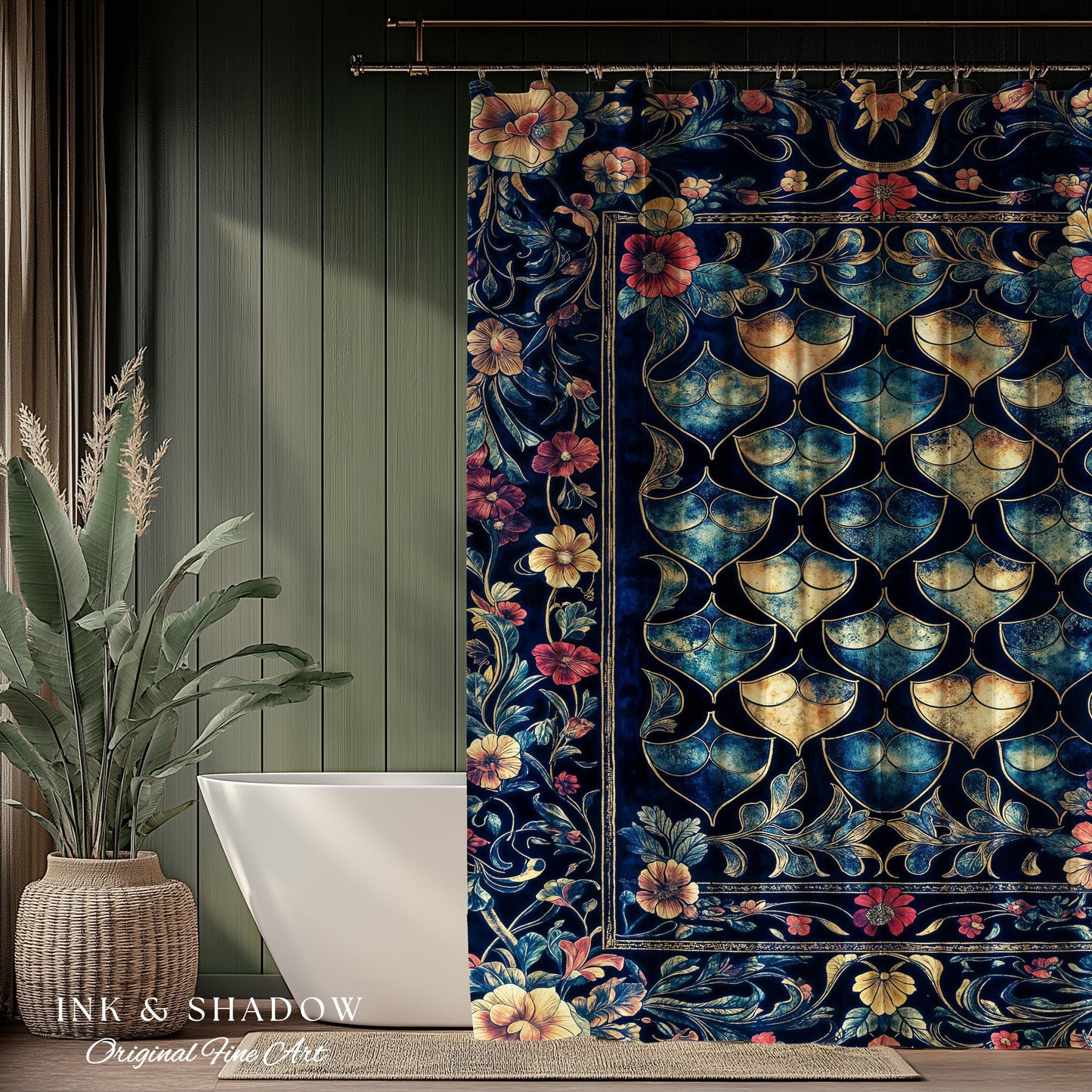 Medieval Dragon Scale Victorian Shower Curtain | Dark Navy Blue Gothic Dark Academia Aesthetic Fairytale Home Decor Enchanted Bathroom Panel