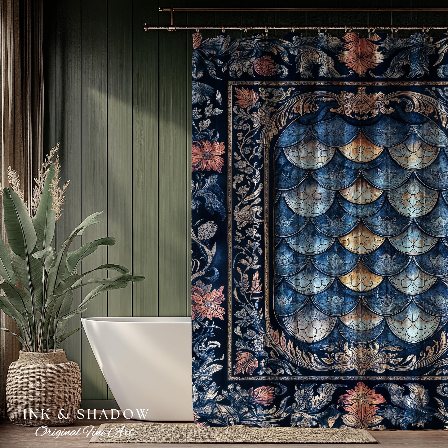 Rustic Medieval Dragon Shower Curtain | Mystic Fairytale Aesthetic Royal Dark Academia Bathroom Moody Botanical Elegance Fairycore Style |