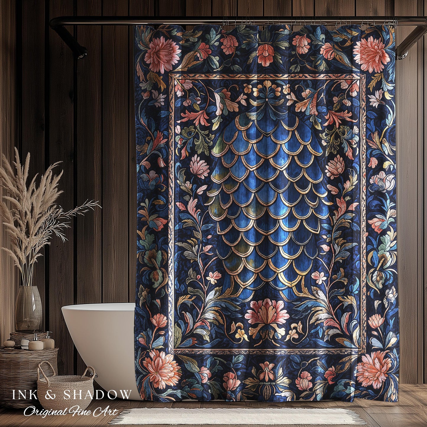 Mystic Academia Dragon Scale Shower Curtain | Whimsigothic Elegance Ornate Baroque Navy Blue Bathroom Fairytale Floral Home Decor Gothic |