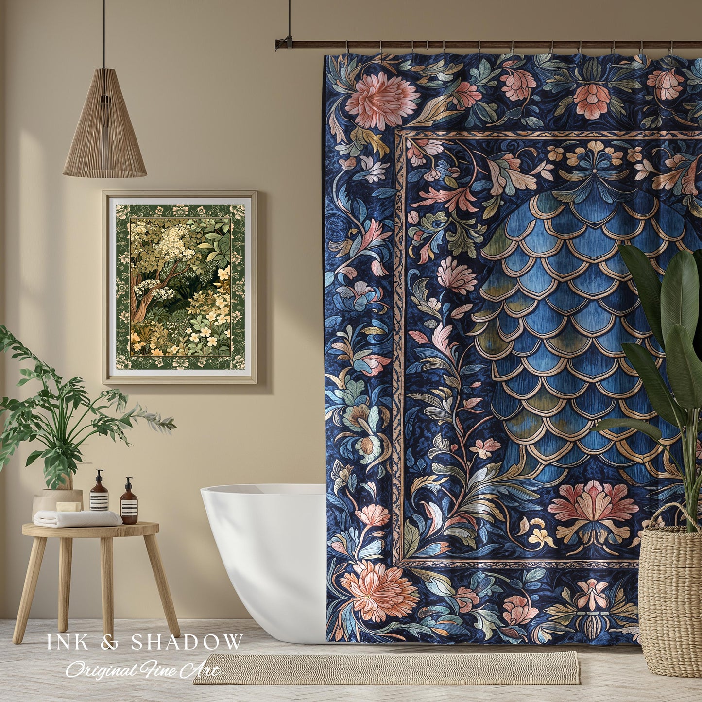 Mystic Academia Dragon Scale Shower Curtain | Whimsigothic Elegance Ornate Baroque Navy Blue Bathroom Fairytale Floral Home Decor Gothic |