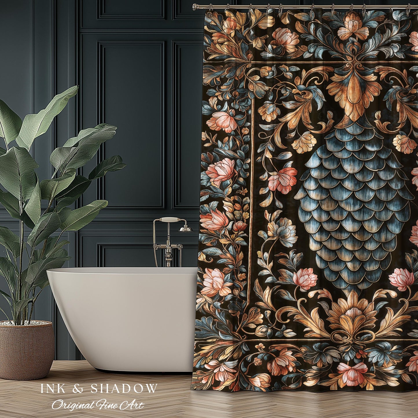Book Nook Elegant Dragon Scale Shower Curtain | Whimsical Ornate Victorian Pastel Bathroom Dark Academia Moody Botanical Coquette Aesthetic