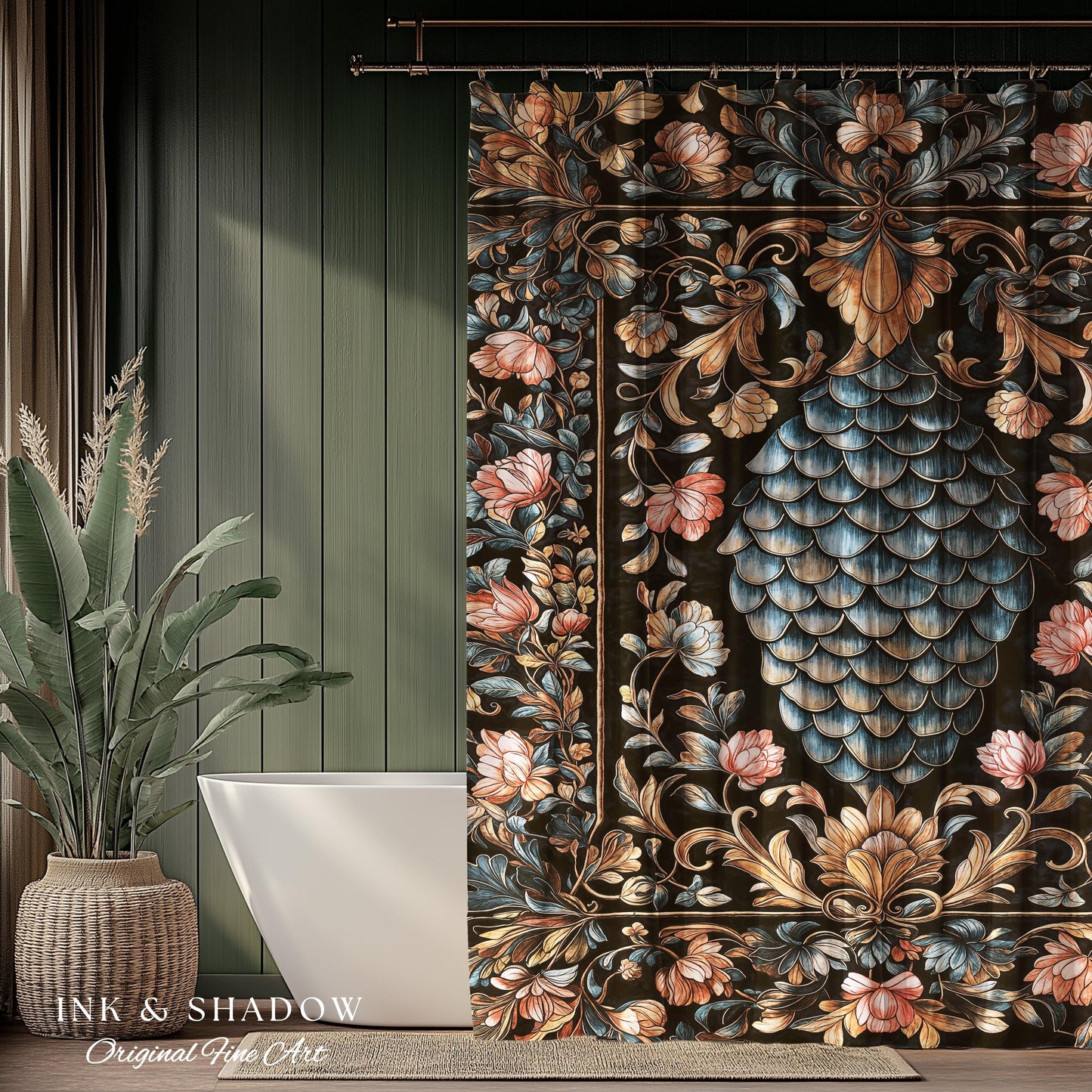 Book Nook Elegant Dragon Scale Shower Curtain | Whimsical Ornate Victorian Pastel Bathroom Dark Academia Moody Botanical Coquette Aesthetic