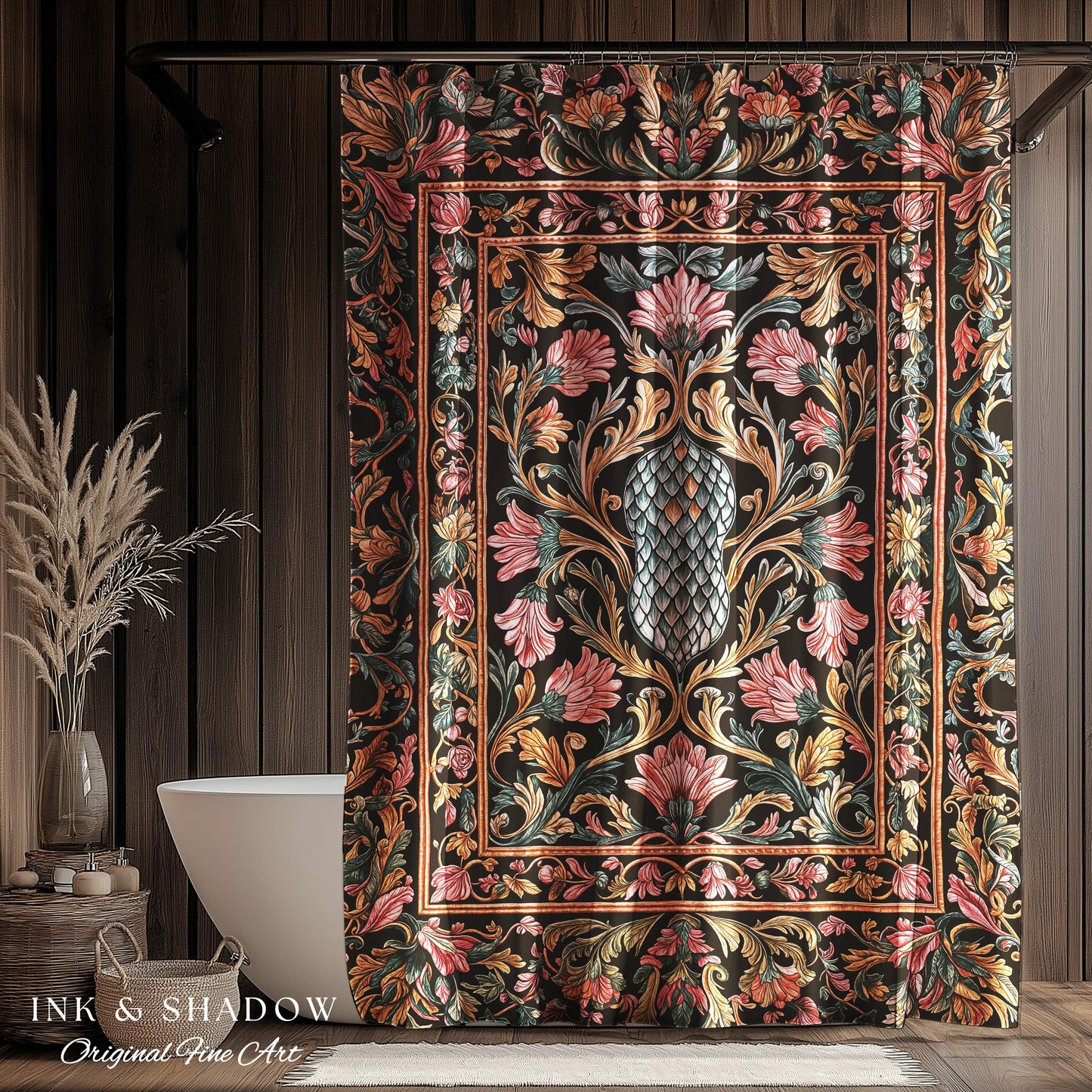 Princess Pink Ornate Shower Curtain | Storybook Elegance Pastel Whimsical Bathroom Accent Dragon Scale Fantasy Coquette Princesscore Design