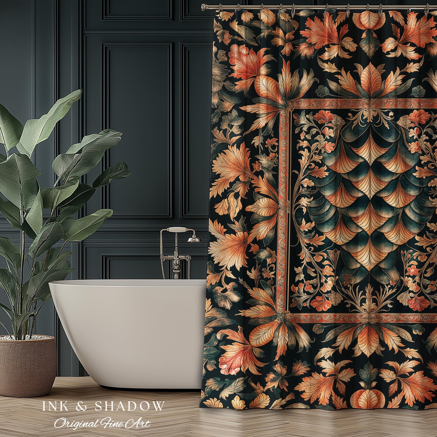 Royal Elegance Rococo Shower Curtain | Medieval Magic Ethereal Pastel Storybook Bathroom Decor Victorian Dragon Scales Decorative Eclectic |