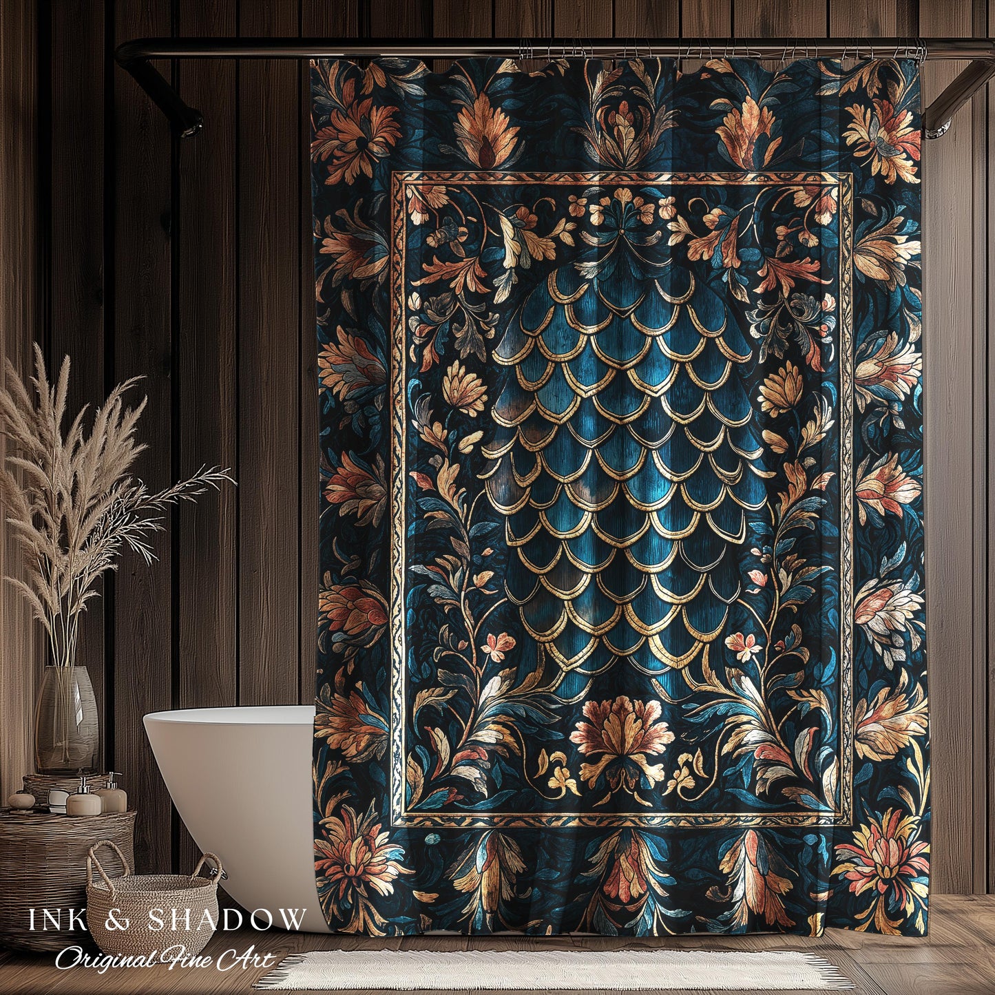 Midnight Navy Royal Shower Curtain | Dragon Scale Art Deco Eclectic Ornate Bathroom Accent Dark Academia Maximalist Floral Fantasy Gothic |