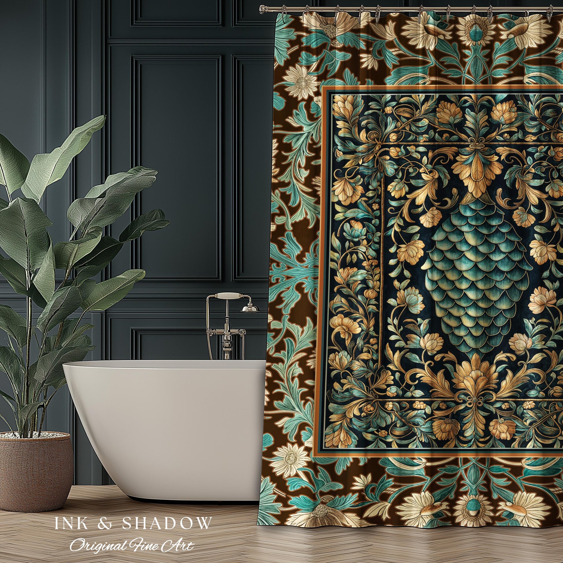 Soft Teal Castlecore Shower Curtain | Fairy Pastel Ornate Gothic Dragon Scale Fantasy Bathroom Rustic Knightcore Medieval Victorian Decor |