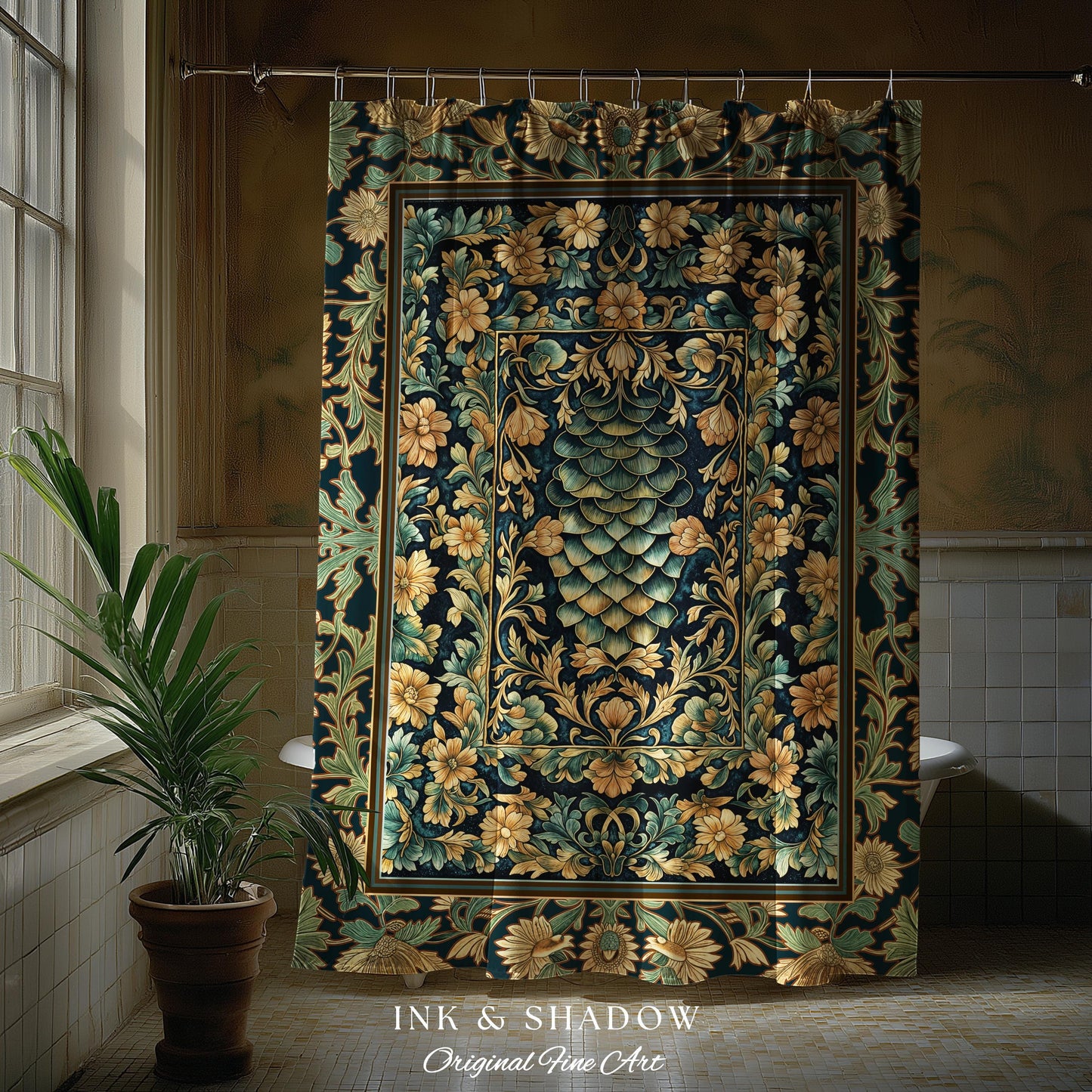 Medieval Maximalist Ethereal Shower Curtain | Soft Pastel Castlecore Bathroom Fairy Grunge Ornate Dragon Scale Rustic Victorian Style Decor