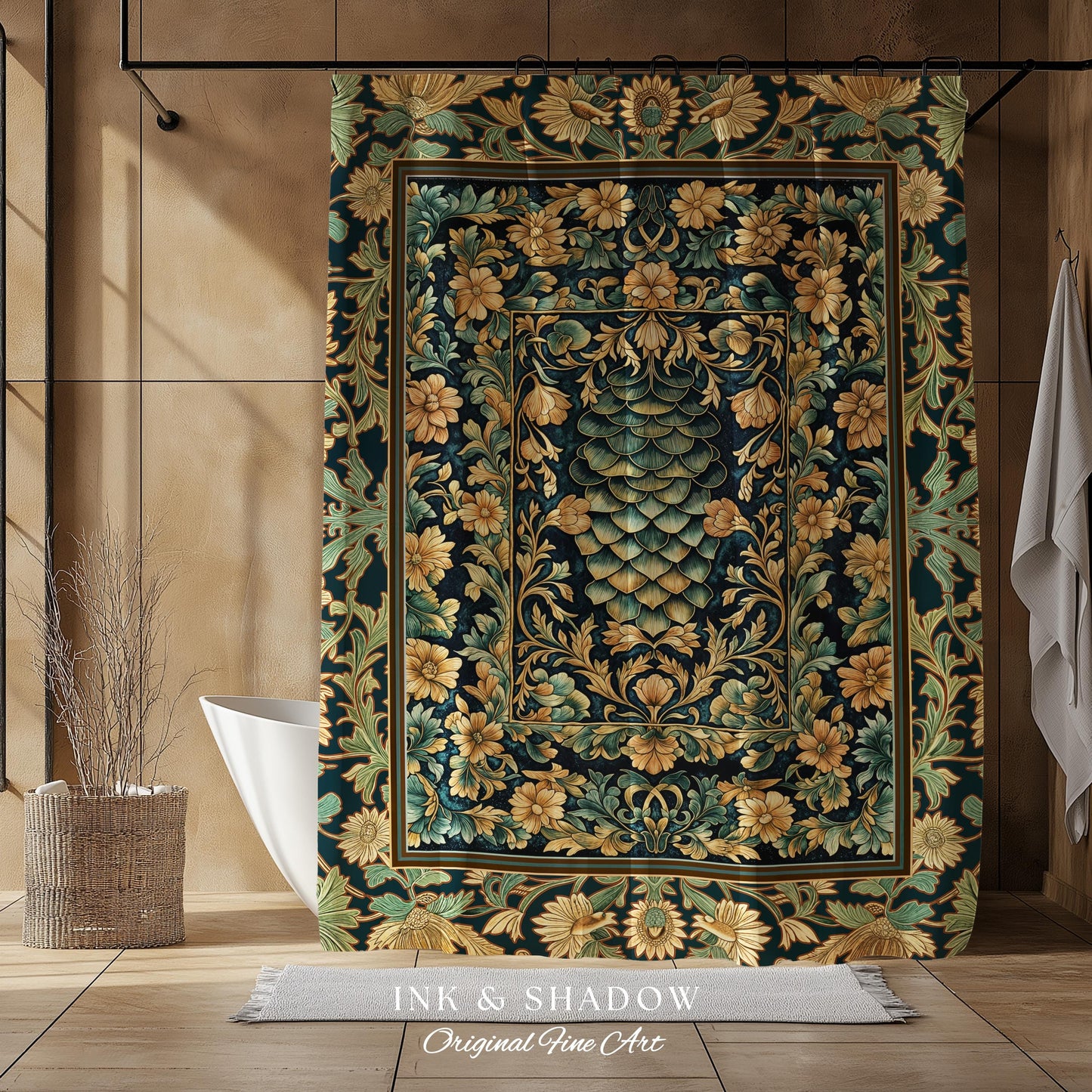 Medieval Maximalist Ethereal Shower Curtain | Soft Pastel Castlecore Bathroom Fairy Grunge Ornate Dragon Scale Rustic Victorian Style Decor