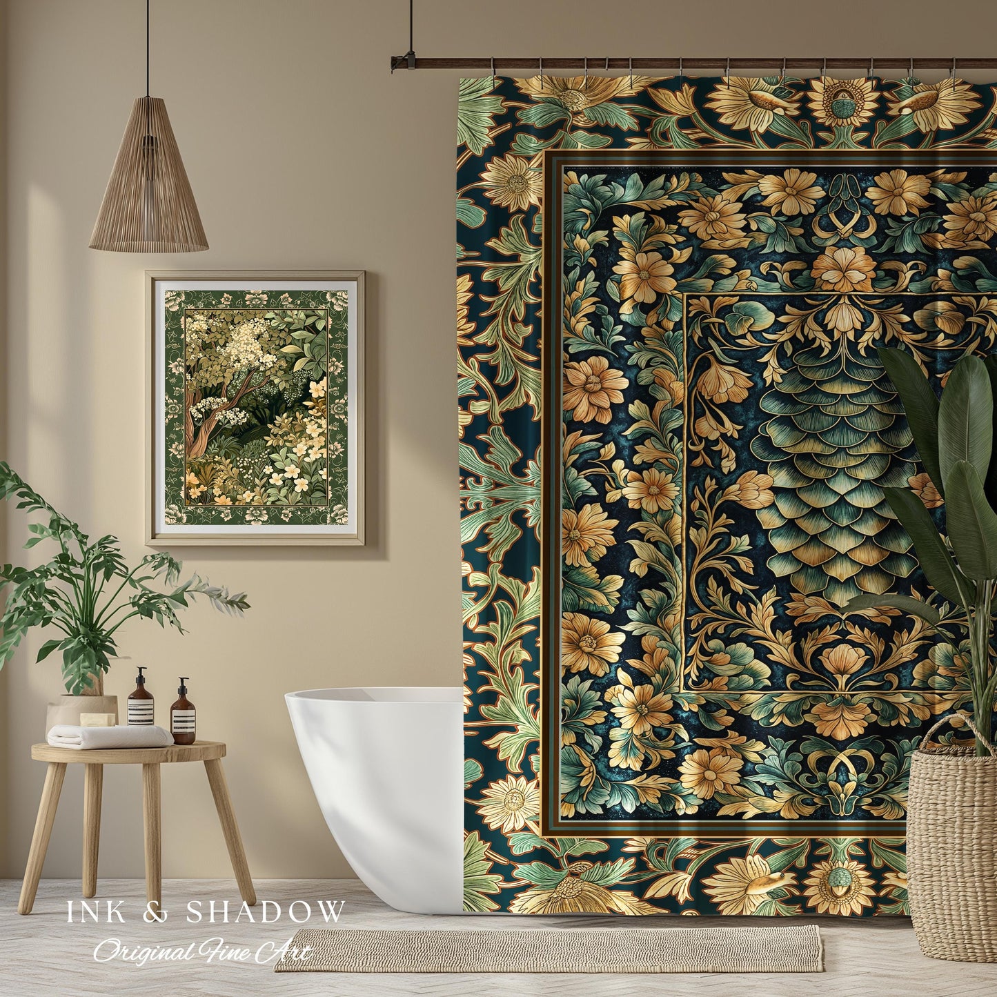 Medieval Maximalist Ethereal Shower Curtain | Soft Pastel Castlecore Bathroom Fairy Grunge Ornate Dragon Scale Rustic Victorian Style Decor