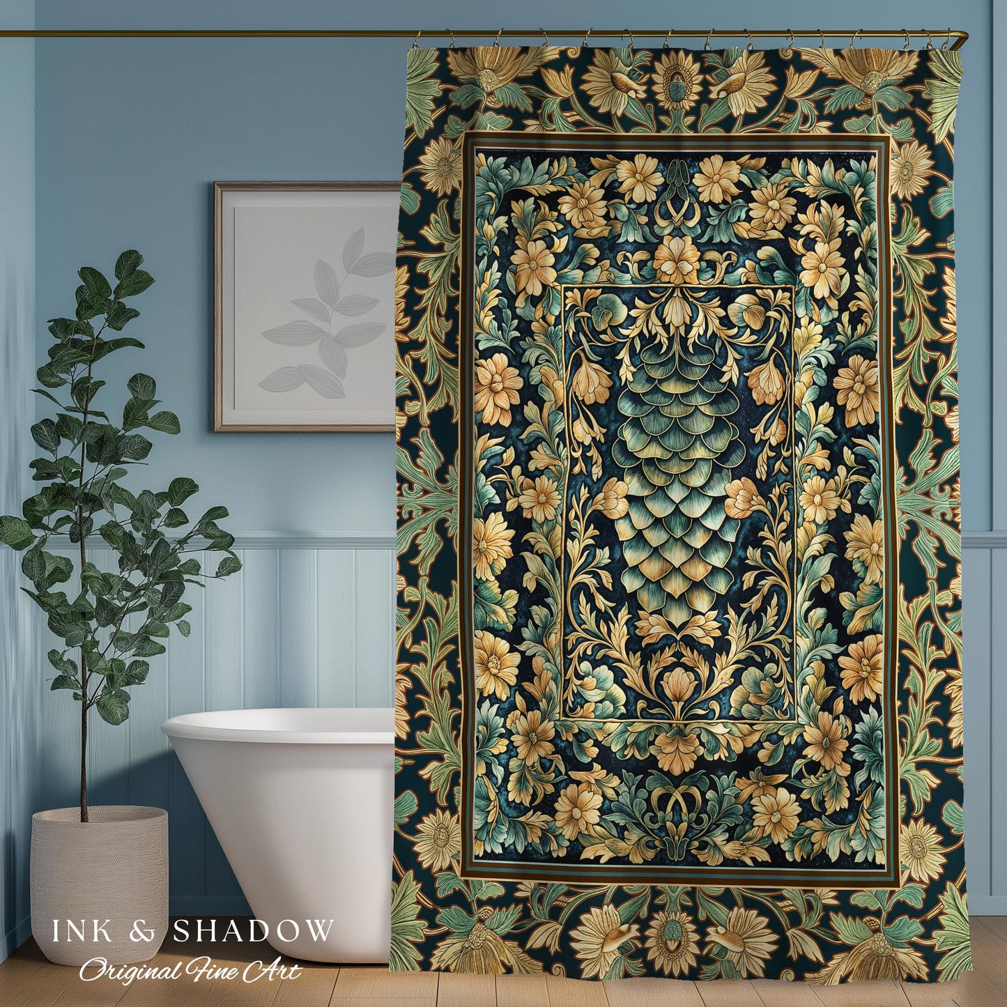 Medieval Maximalist Ethereal Shower Curtain | Soft Pastel Castlecore Bathroom Fairy Grunge Ornate Dragon Scale Rustic Victorian Style Decor