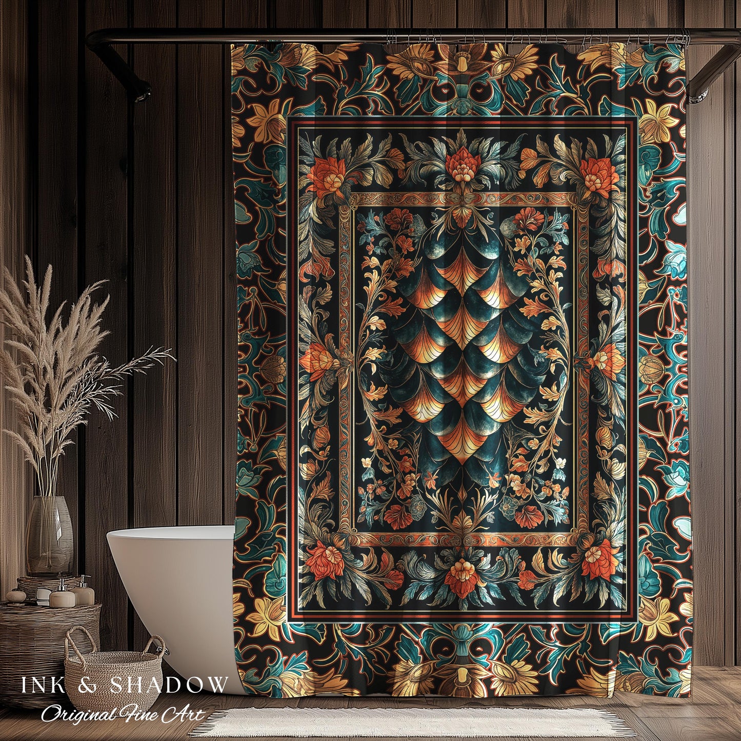 Art Deco Ornate Shower Curtain | Dark Academia Baroque Floral Bathroom Maximalist Floral Eclectic Medieval Colorful Dragon Scales Design |