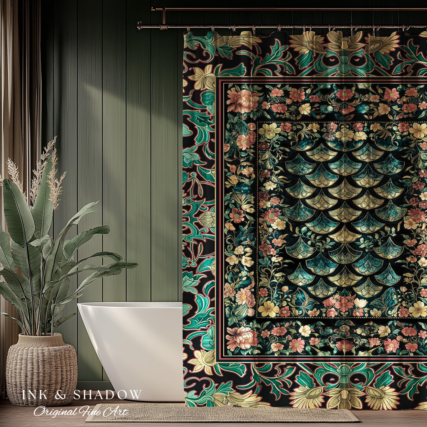 Maximalist Floral Eclectic Shower Curtain | Princesscore Royal Bathroom Ethereal Pastel Storybook Medieval Magic Victorian Dragon Scales Art