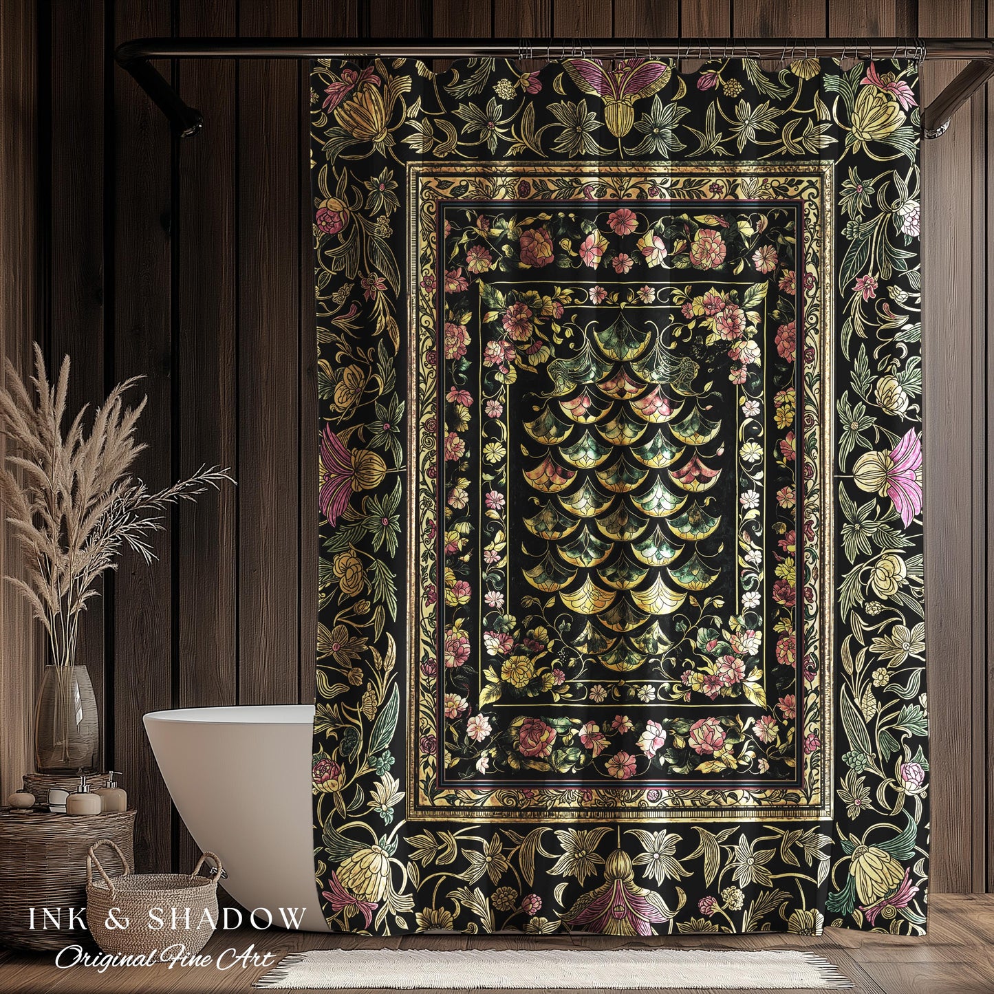 Witchy Mystic Dragon Scale Shower Curtain | Gothic Baroque Dark Academia Pastel Floral Bathroom Maximalist Ornate Eclectic Art Deco Decor |