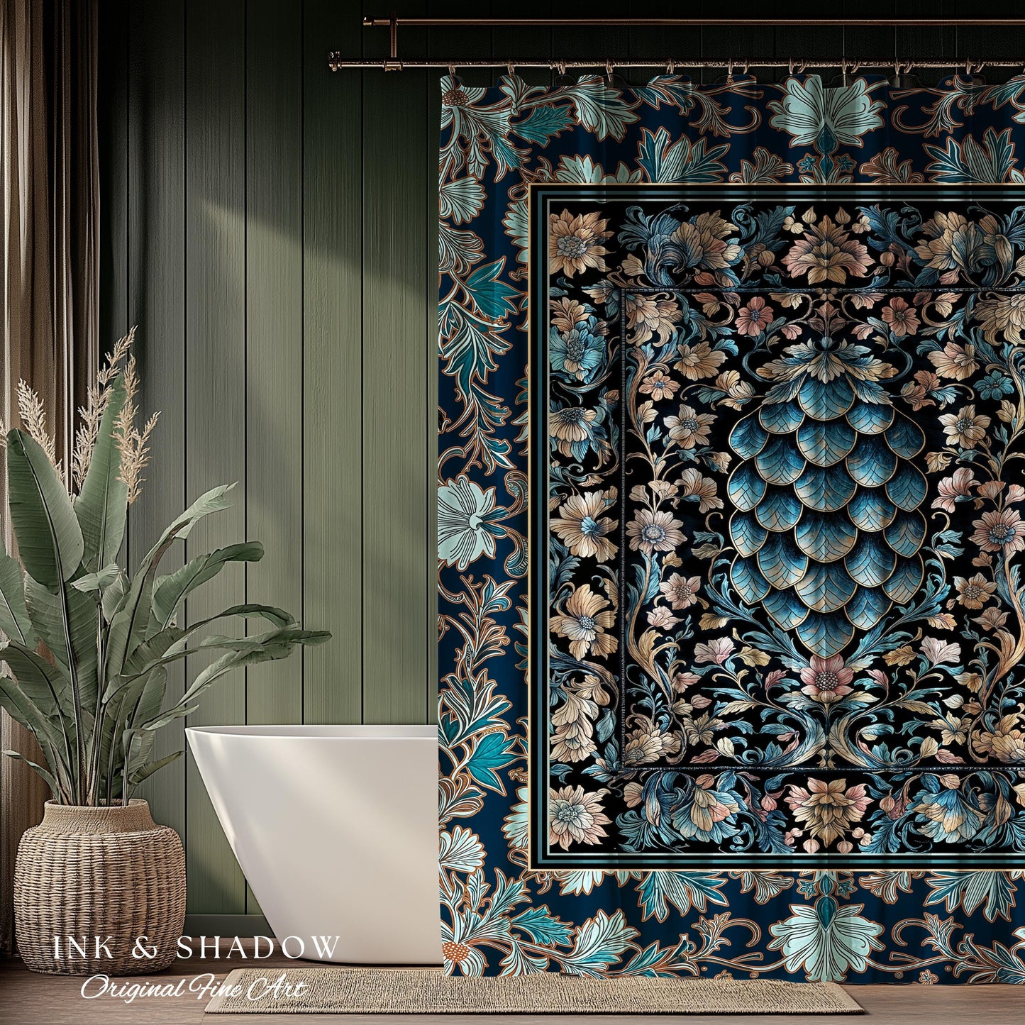 Indigo Magic Royal Shower Curtain | Dark Academia Accent Colorful Botanical Bathroom Elegant Ornate Dragon Scale Fairytale Medieval Style |