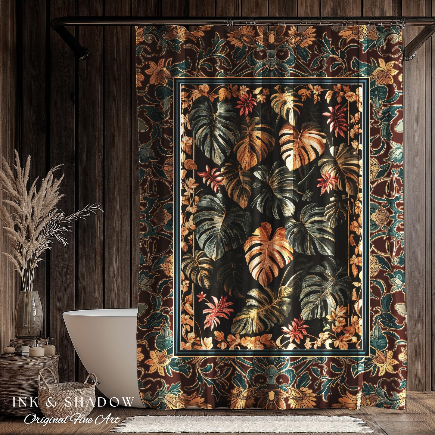Moody Monstera Shower Curtain | Enchanting Forest Tropical Houseplant Bathroom Decor Witchy Maximalist Aesthetic Dark Academia Folklore Boho