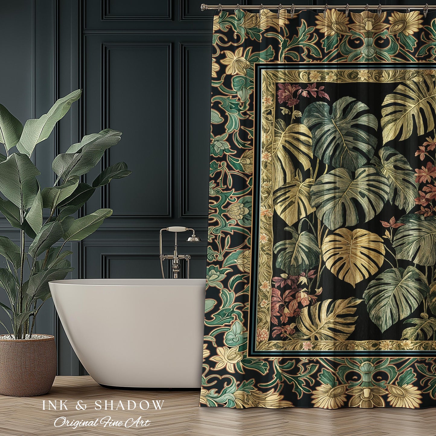 Monstera Forest Maximalist Botanical Shower Curtain | Dark Cottagecore Woodland Houseplant Bathroom Decor Whimsigothic Dark Academia Style |