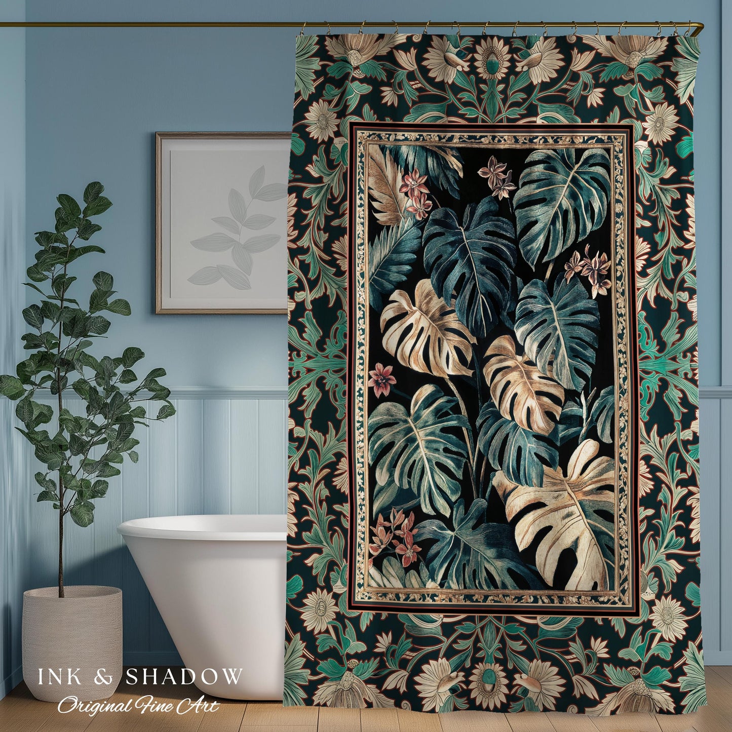 Dark Forest Whimsical Woodland Shower Curtain | Houseplant Bathroom Decor Baroque Aesthetic Dark Academia Accent Fairycore Ethereal Style |