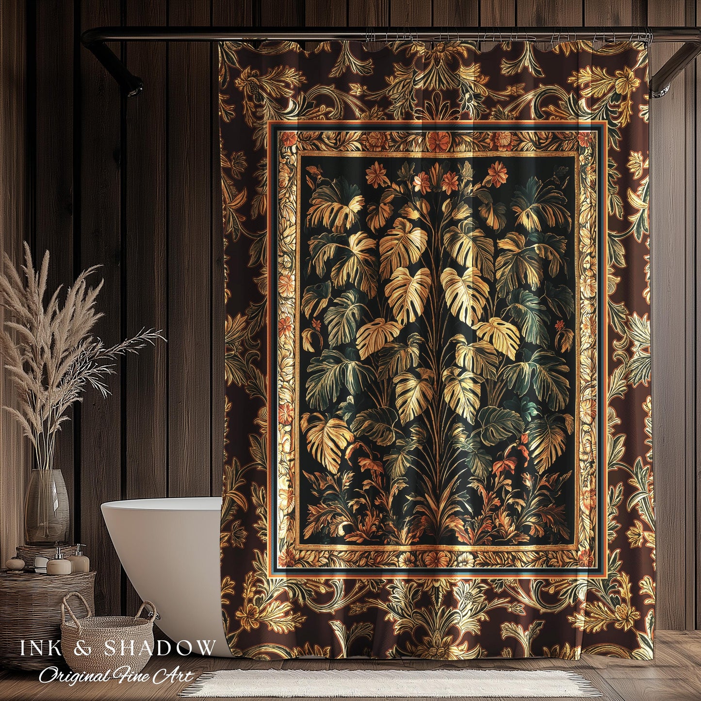 Rustic Renaissance Aesthetic Monstera Jungle Shower Curtain | Dark Cottagecore Whimsy Woodland Bathroom Emerald Green Romantic Maximalist |