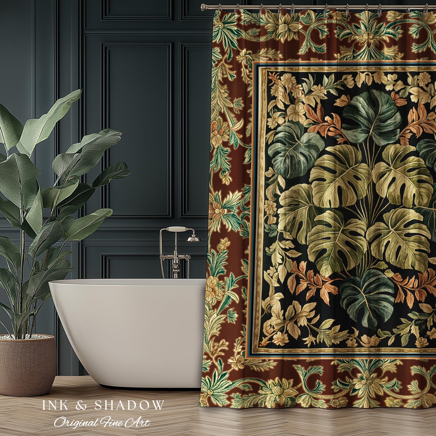 Elegant Tropical Forest Shower Curtain | Woodland Whimsy Botanical Bathroom Emerald Green Romantic Home Decor Tropical Eclectic Aesthetic |