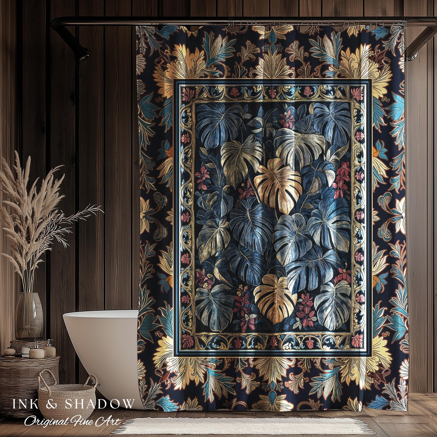 Monstera Magic Moody Shower Curtain | Dark Victorian Floral Eclectic Unique Houseplant Decor Whimsical Gothic Aesthetic Bathroom Decor |