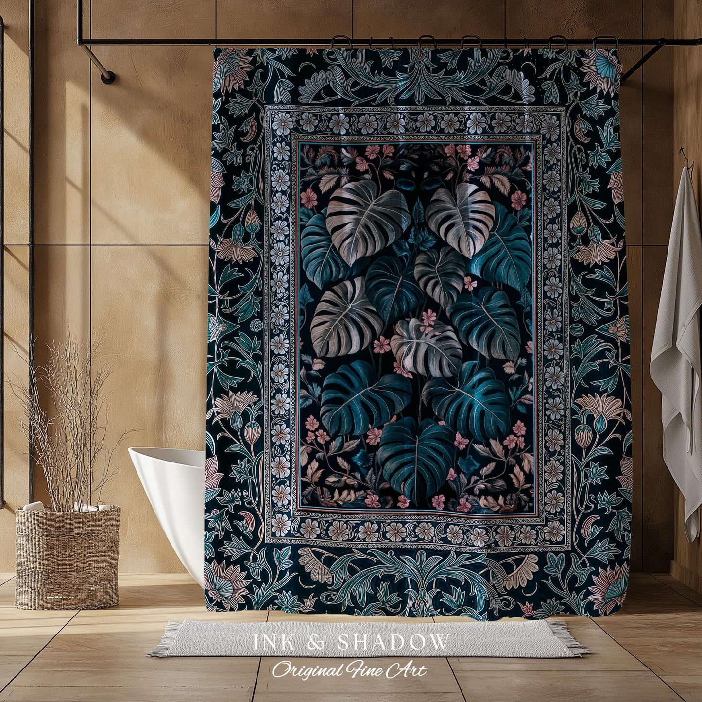 Deep Teal Ethereal Botanical Shower Curtain | Tropical Leaf Jungle Aesthetic Monstera Deliciosa Botanical Bathroom Dark Forestcore Whimsy |