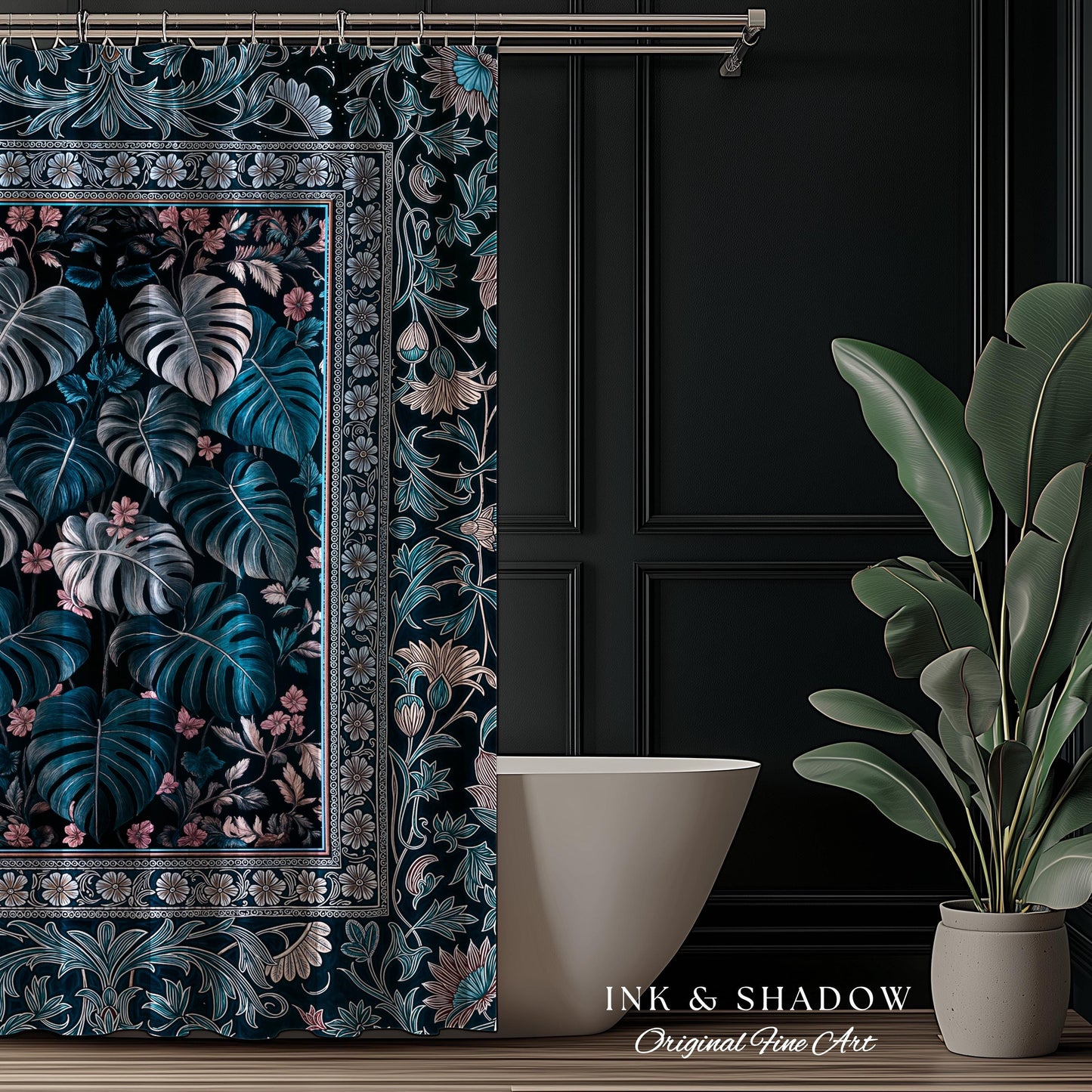 Deep Teal Ethereal Botanical Shower Curtain | Tropical Leaf Jungle Aesthetic Monstera Deliciosa Botanical Bathroom Dark Forestcore Whimsy |