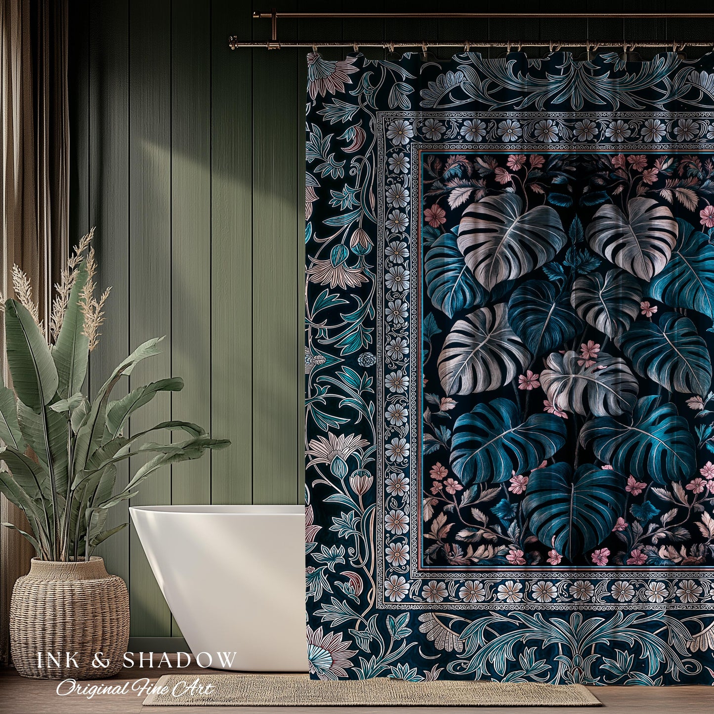 Deep Teal Ethereal Botanical Shower Curtain | Tropical Leaf Jungle Aesthetic Monstera Deliciosa Botanical Bathroom Dark Forestcore Whimsy |