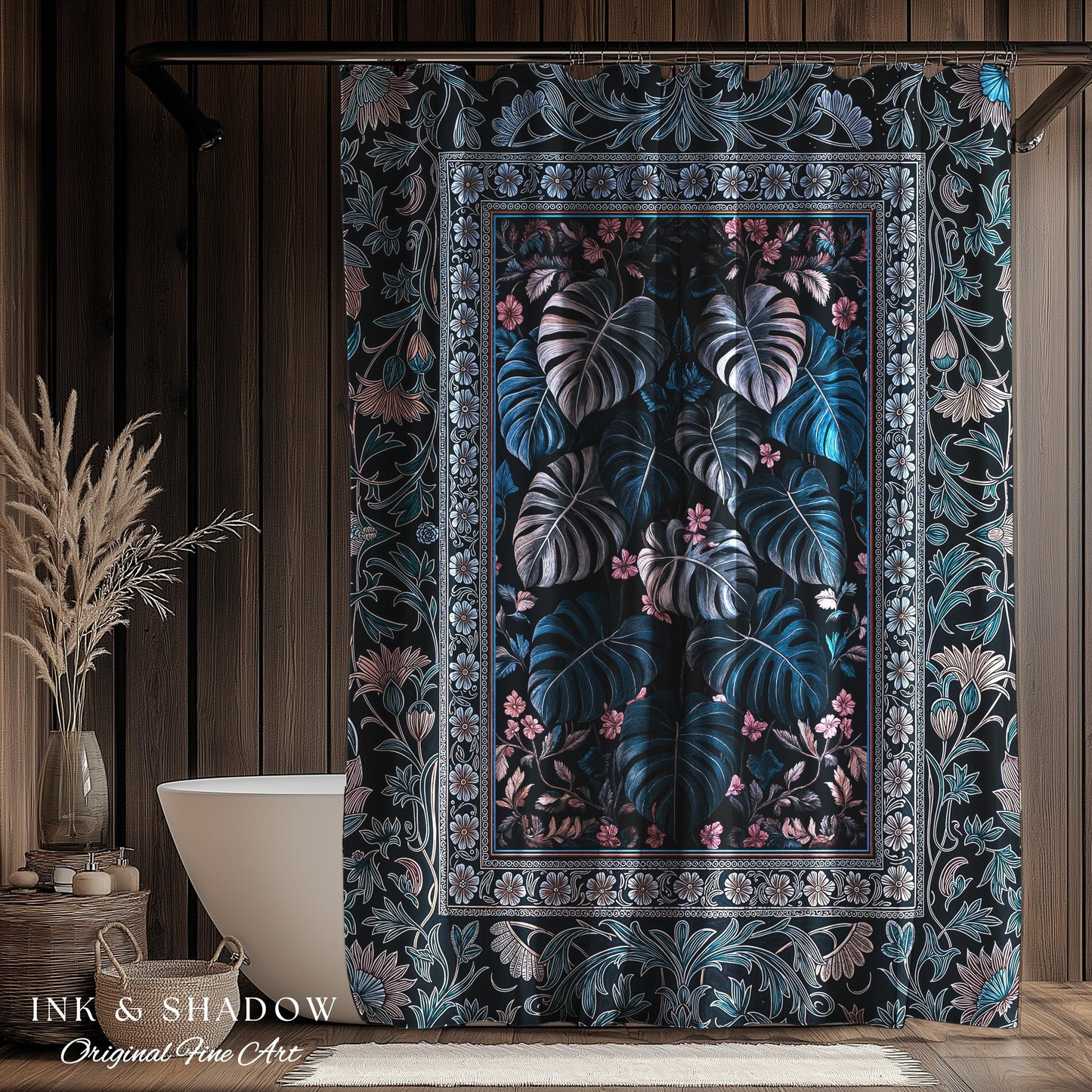 Deep Teal Ethereal Botanical Shower Curtain | Tropical Leaf Jungle Aesthetic Monstera Deliciosa Botanical Bathroom Dark Forestcore Whimsy |