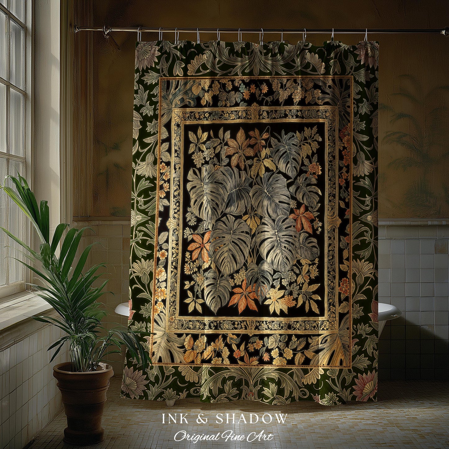 Whimsical Maximalist Cozy Shower Curtain | Dark Victorian Houseplant Monstera Deliciosa Romantic Victorian Floral Maximalist Jungle Bathroom