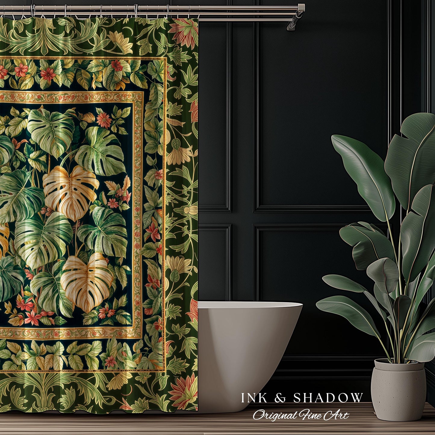 Eclectic Maximalist Monstera Shower Curtain | Dark Floral Houseplant Lover Botanical Whimsical Bathroom Tropical Aesthetic Housewarming Gift