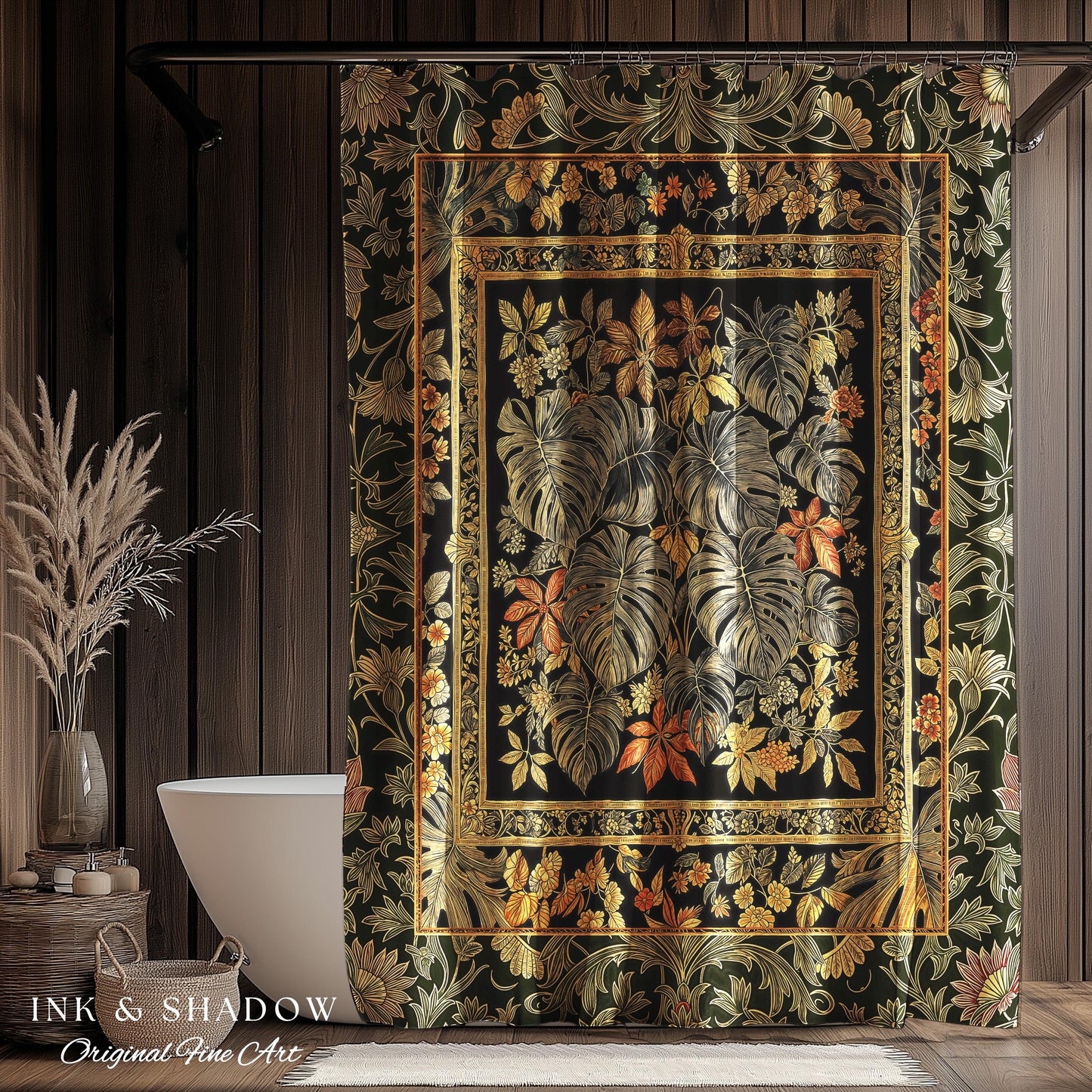 Whimsical Maximalist Cozy Shower Curtain | Dark Victorian Houseplant Monstera Deliciosa Romantic Victorian Floral Maximalist Jungle Bathroom
