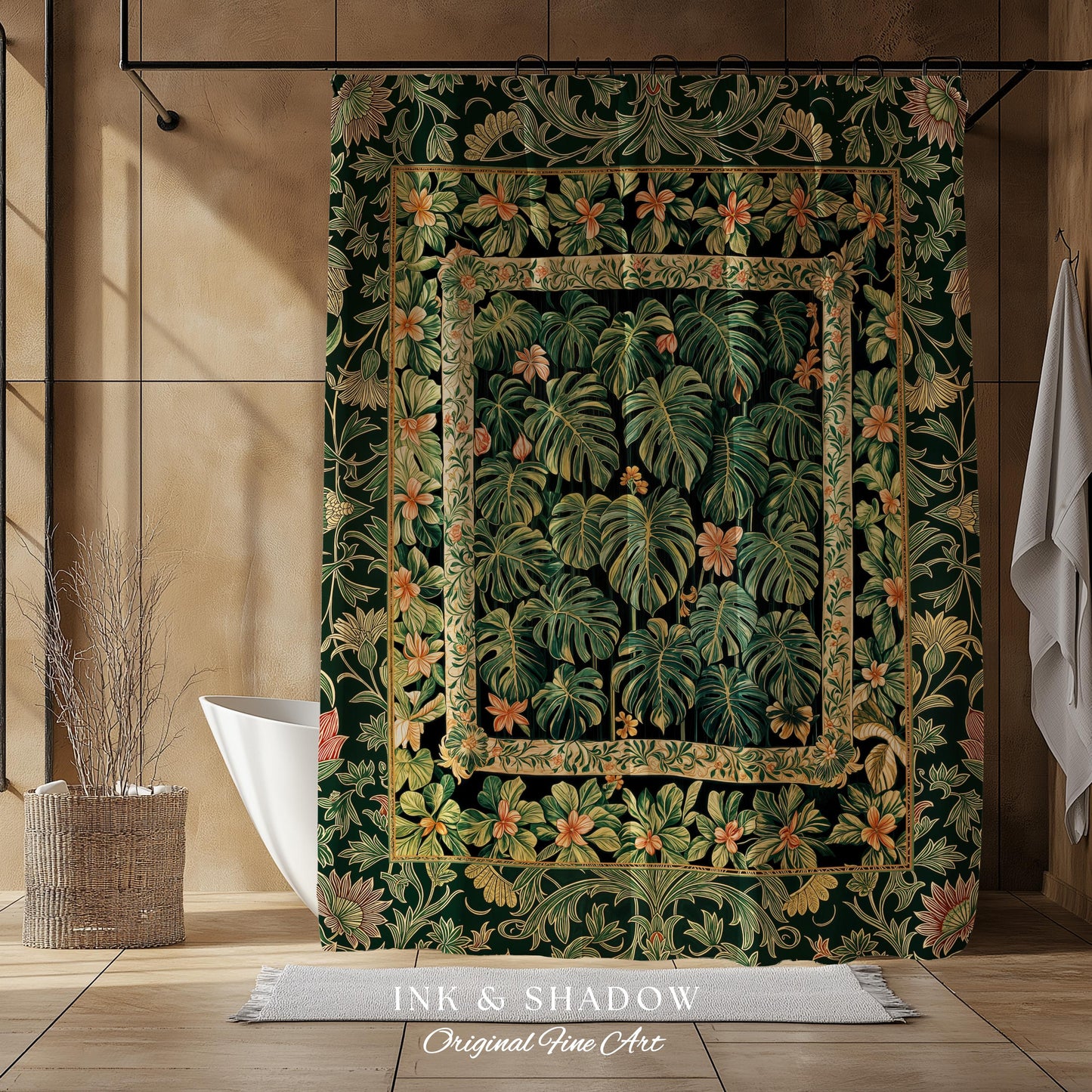 Emerald Green Rich Botanical Shower Curtain | Dark Victorian Floral Houseplant Lover Whimsical Bathroom Decor Maximalist Aesthetic Monstera