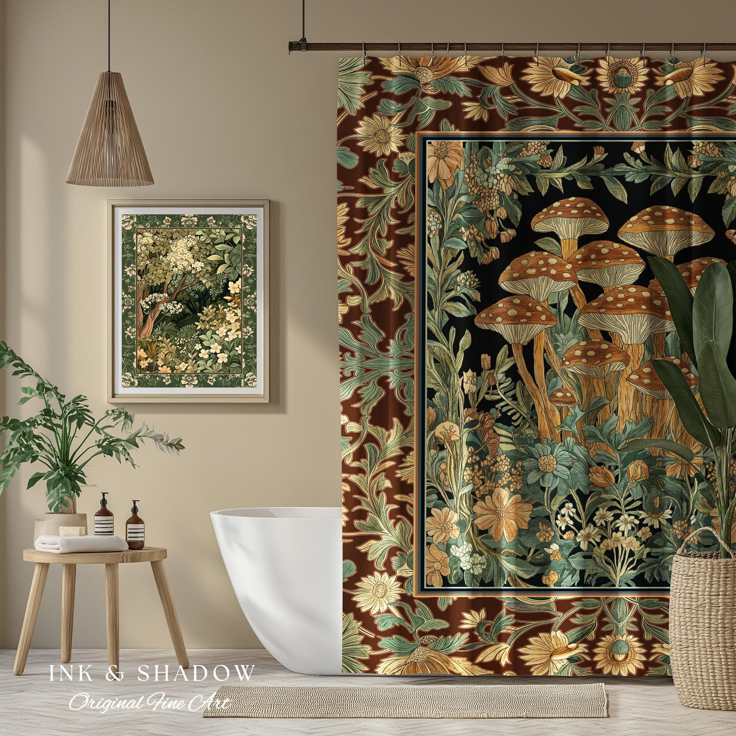 Witchy Mushroom Herbology Shower Curtain | Ethereal Fungi Forest Toadstool Decor Whimsical Cottagecore Bathroom Earth Tone Fairycore Style |