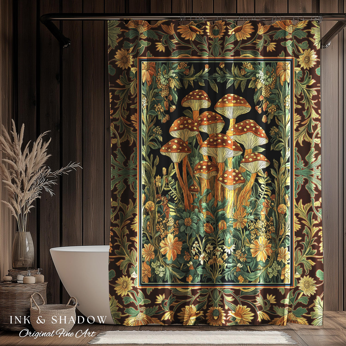 Witchy Mushroom Herbology Shower Curtain | Ethereal Fungi Forest Toadstool Decor Whimsical Cottagecore Bathroom Earth Tone Fairycore Style |