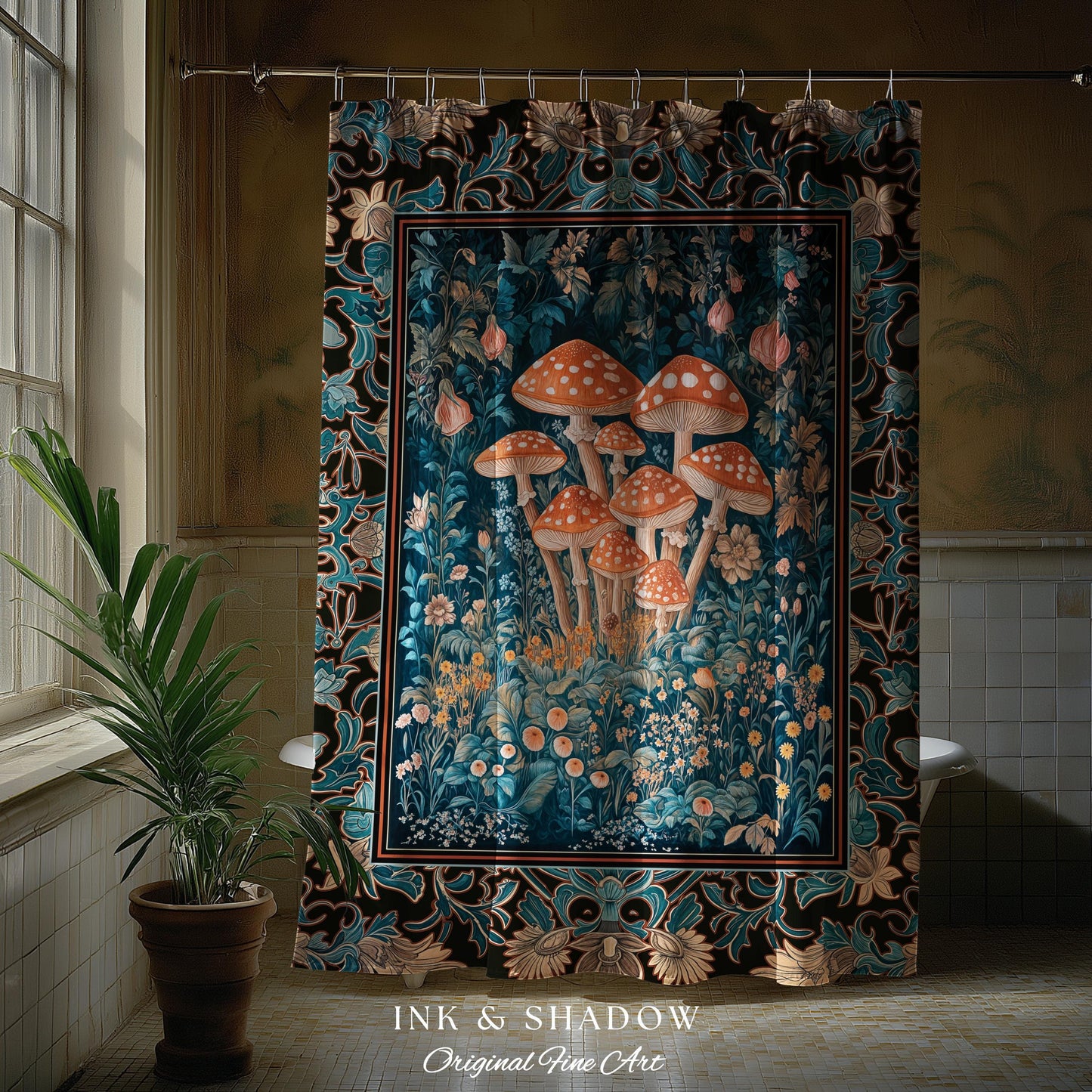 Mystic Forest Fungi Shower Curtain | Maximalist Aesthetic Whimsical Mushroom Bathroom Decor Fairycore Cute Cottagecore Housewarming Gift |