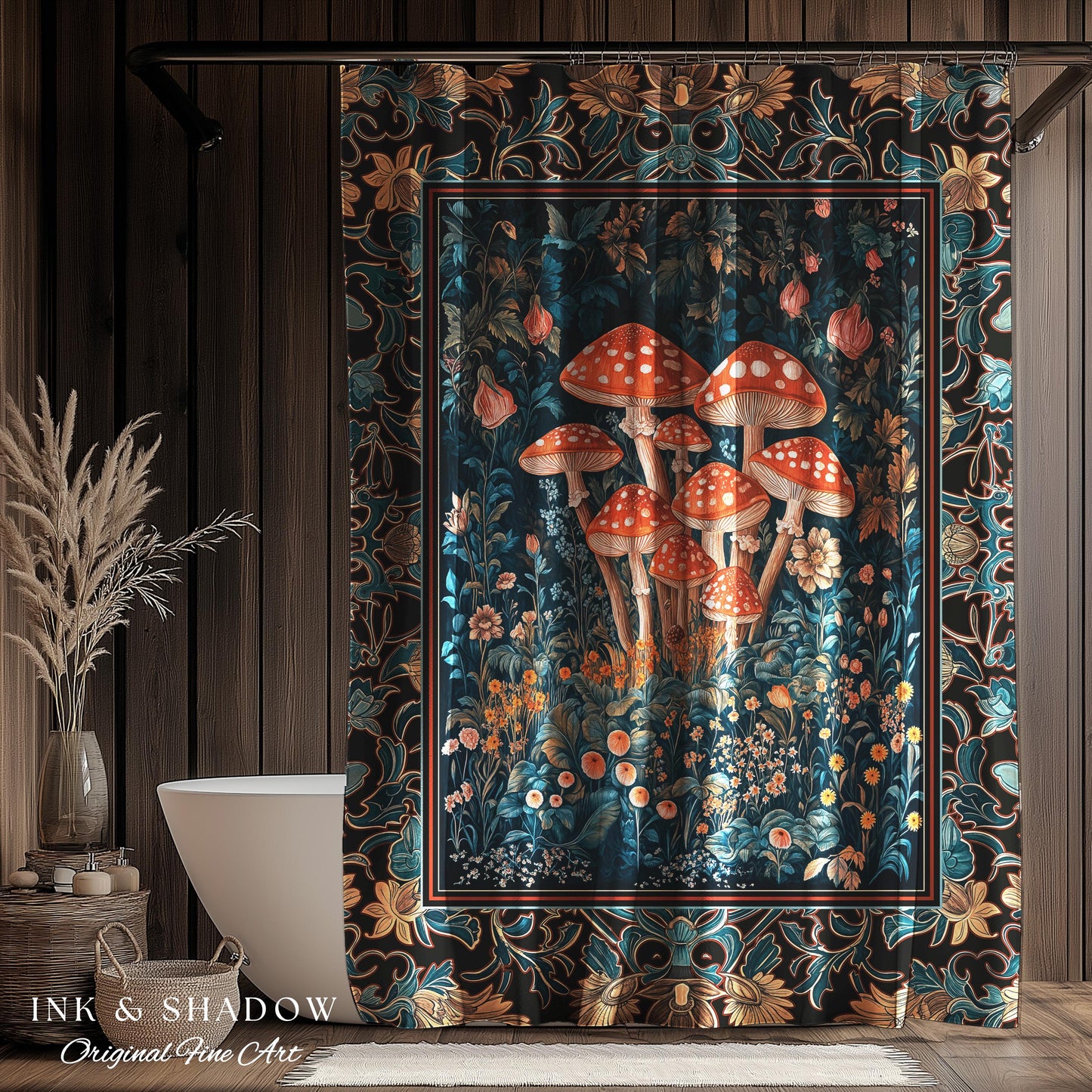 Mystic Forest Fungi Shower Curtain | Maximalist Aesthetic Whimsical Mushroom Bathroom Decor Fairycore Cute Cottagecore Housewarming Gift |