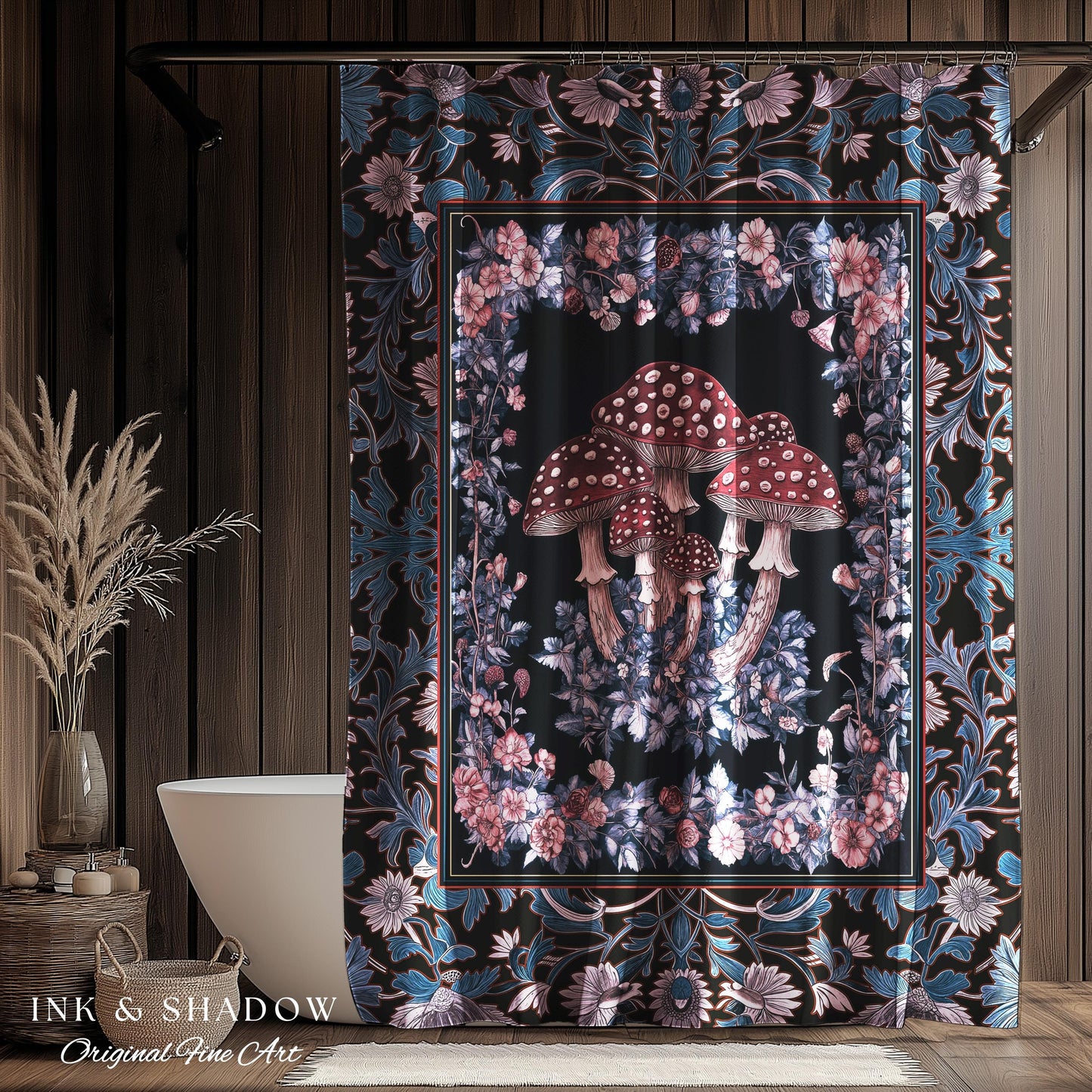 Foraging Fungi Mushroom Shower Curtain | Whimsical Eclectic Decor for Fairy Aesthetic Bathroom Whimsigoth Decor Fairycore Toadstool Witchy
